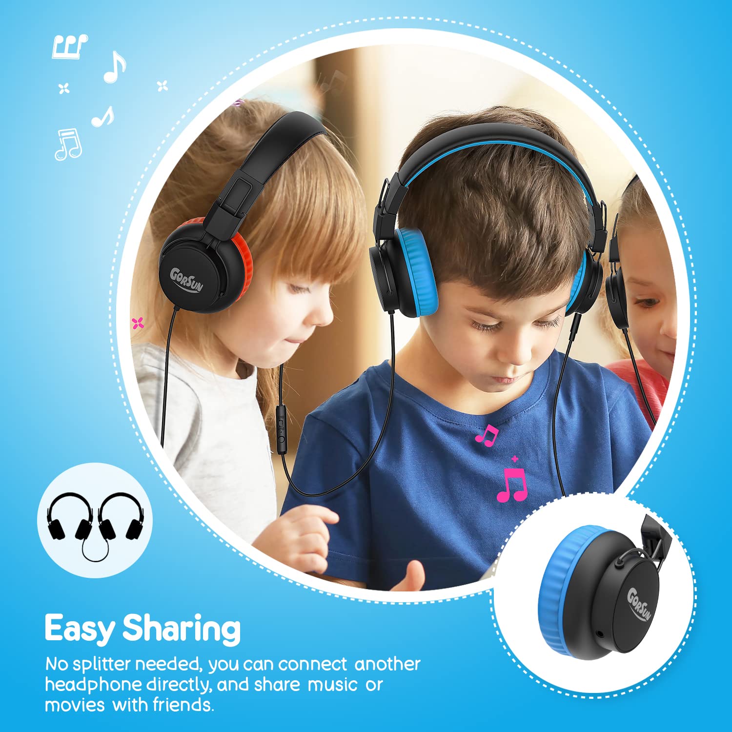 Gorsun Kids Headphones with Volume Limiter (85dB/94dB) - Wired Headset with Microphone & Sharing Function, Adjustable Toddler Headphones for School, Tablet, PC - Perfect for Online Classes, Travel & Home Learning