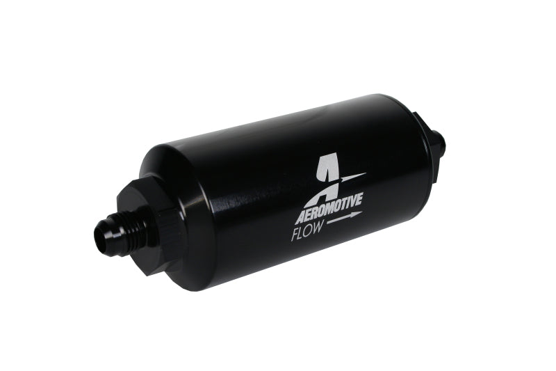 Aeromotive AN-6 Male Inline Fuel Filter - 10 Micron Fabric Element, Bright Dip Black Finish - High Performance Fuel Filtration for Racing & Automotive Applications