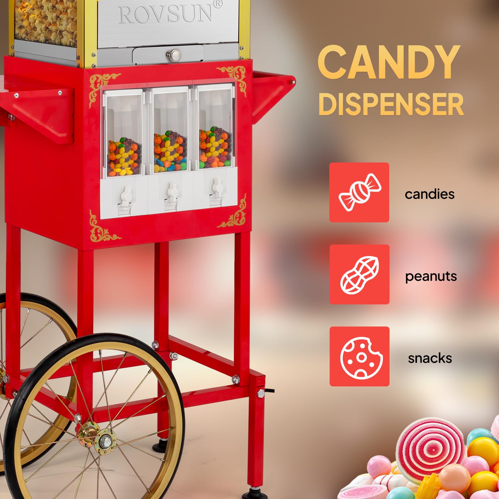 ROVSUN 8oz Commercial Popcorn Machine with Cart & Wheels - 850W Movie Theater Style Popcorn Maker for Home & Business Use, Includes Candy Dispenser, Scoop, Oil Spoon & 3 Popcorn Cups (Red) - Perfect for Movie Nights, Parties, Carnivals and Concession Stands