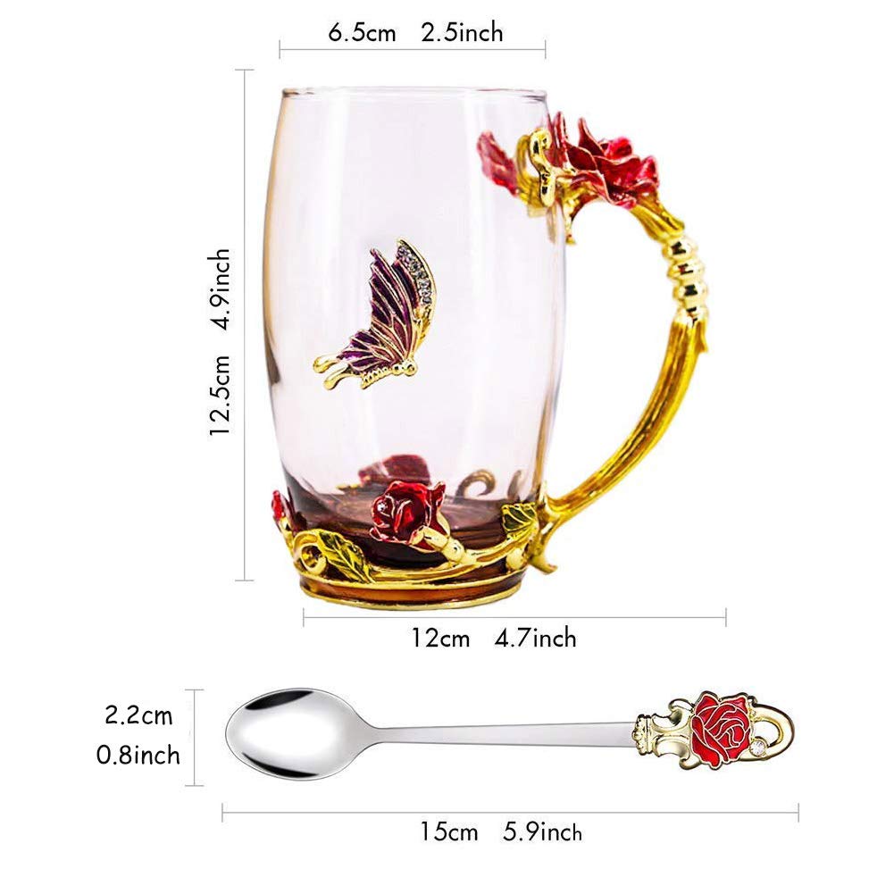 Handmade Enamel Butterfly Rose Flower Glass Coffee Mug & Tea Cup Set with Spoon - 13 oz (Red Rose) - Perfect for Home, Office, Gifts, Friend Birthday Presents & Afternoon Tea Time