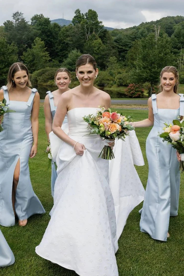 Elegant Long Blue Satin Bridesmaid Dress - Sleeveless with Bow Straps for Weddings, Formal Events & Special Occasions