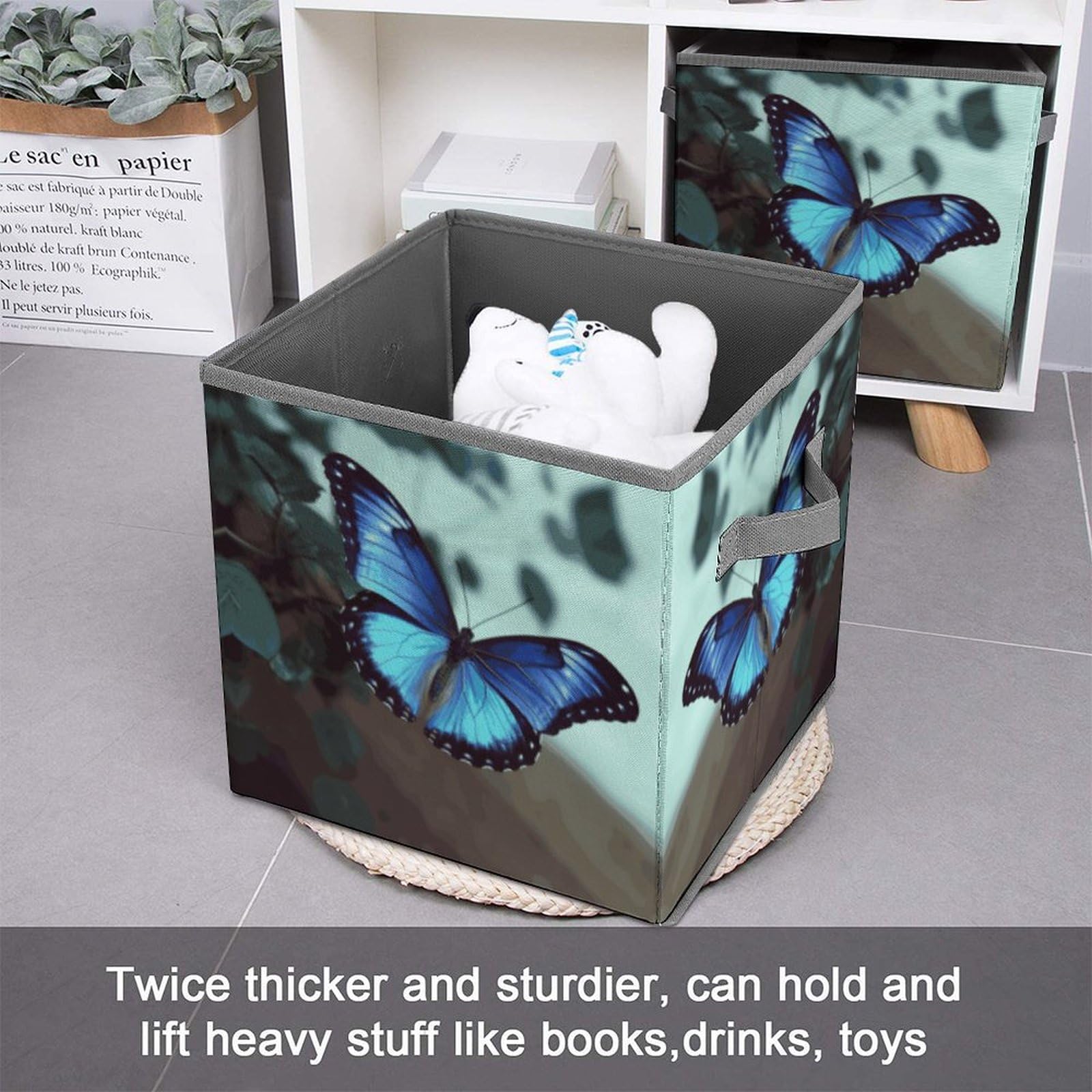 Foldable Blue Butterfly Storage Cubes with Handles - Closet Organizer Bins for Clothes, Shelves & Cabinets | Perfect for Bedroom, Kids Room & Dorm Organization