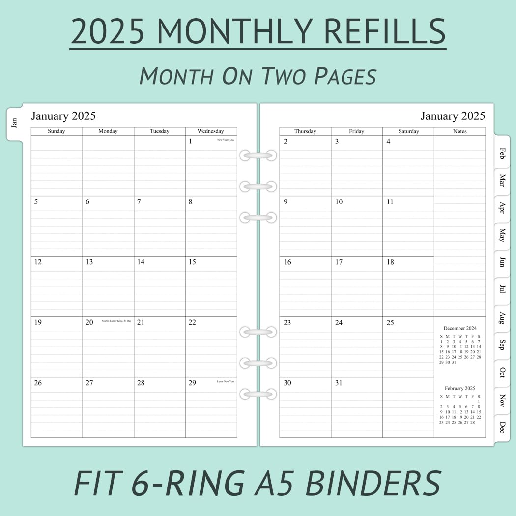 Newestor 2025 Monthly Planner Refill for A5 Binder - January to December 2025 Calendar Insert, 2 Pages Per Month, 5.6