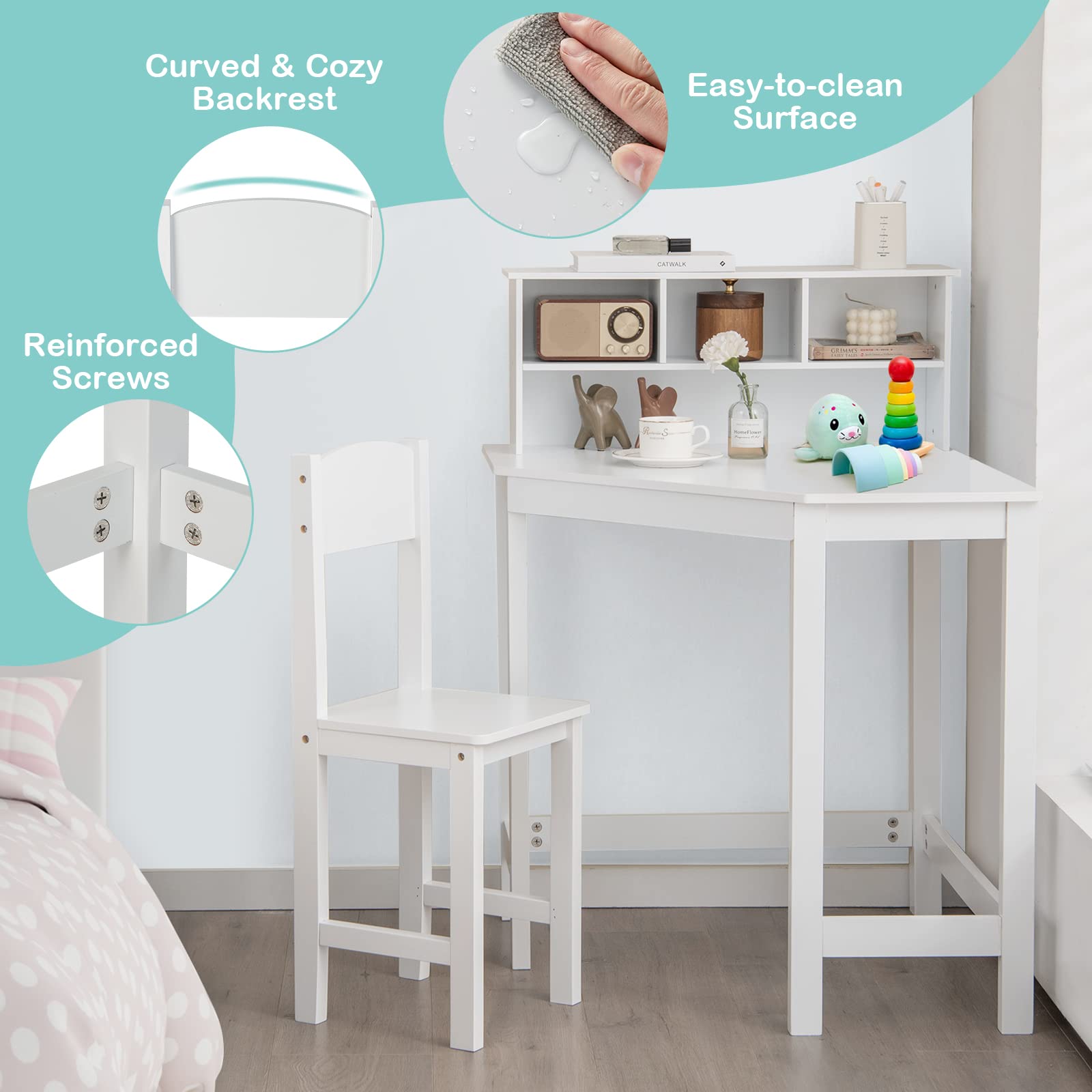 Costzon Kids Desk and Chair Set - White Study Table with Hutch for Small Spaces | Children's Bedroom & School Workstation | Space-Saving Computer Desk for Homework, Online Learning & Creative Activities