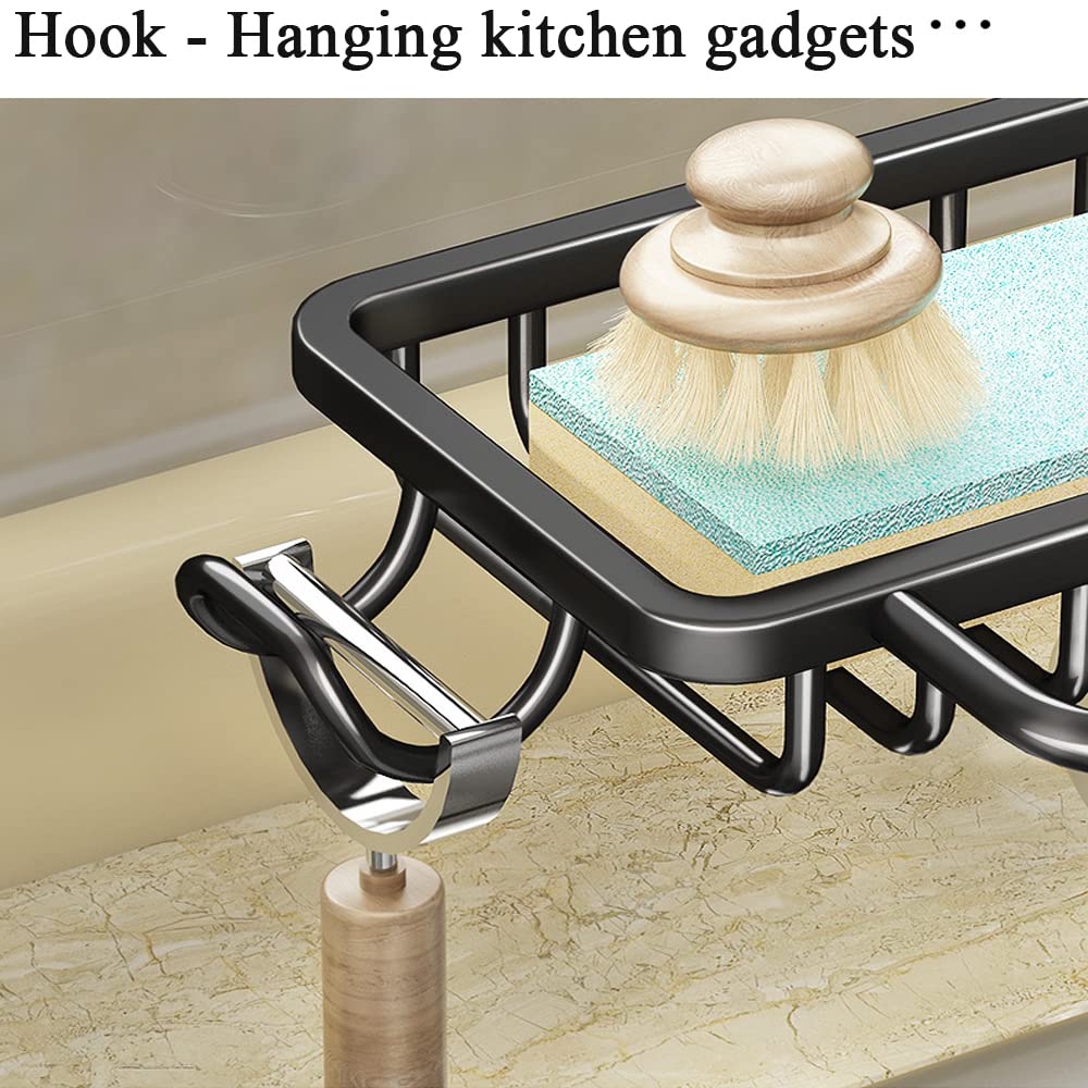 Upgraded Faucet Sponge Holder with Dish Towel Drying Rack & Hooks - Over Sink Organizer for Kitchen, Double Silver - Perfect for Small Spaces & Clutter-Free Countertops