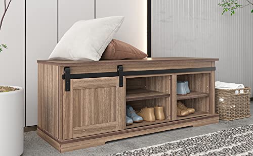 SIU Storage Bench Cabinet with Sliding Door & Adjustable Shelves - Shoe Rack Organizer for Entryway, Hallway, Mudroom - Antique Gray Finish - Multifunctional Entryway Furniture for Shoes, Coats & Home Storage
