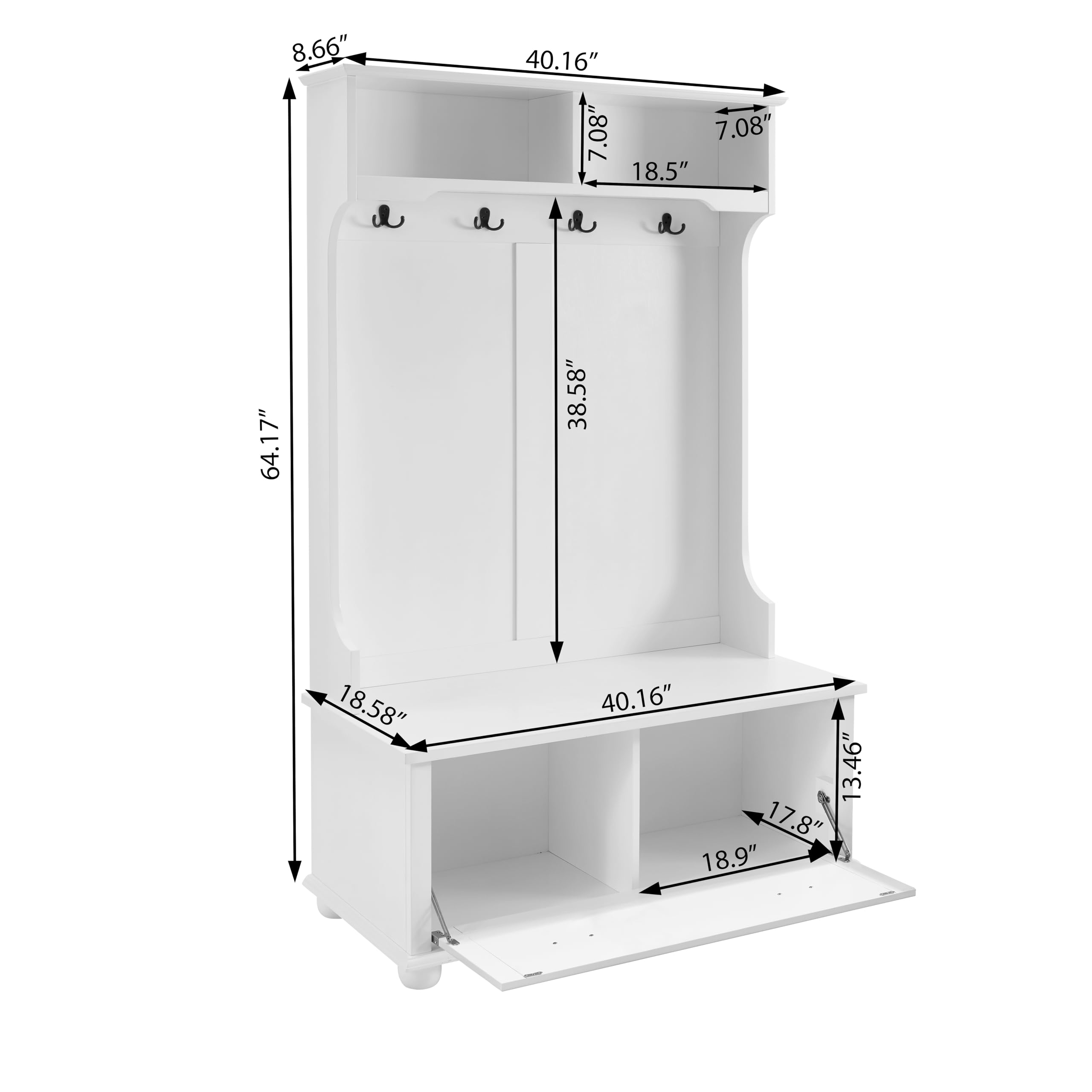 4-in-1 Wooden Entryway Hall Tree with 4 Hooks, 2 Storage Shelves & Bench - Space Saving Coat Rack Organizer for Shoes, Bags & Jackets - Perfect for Entryway, Mudroom or Foyer Decor (White)