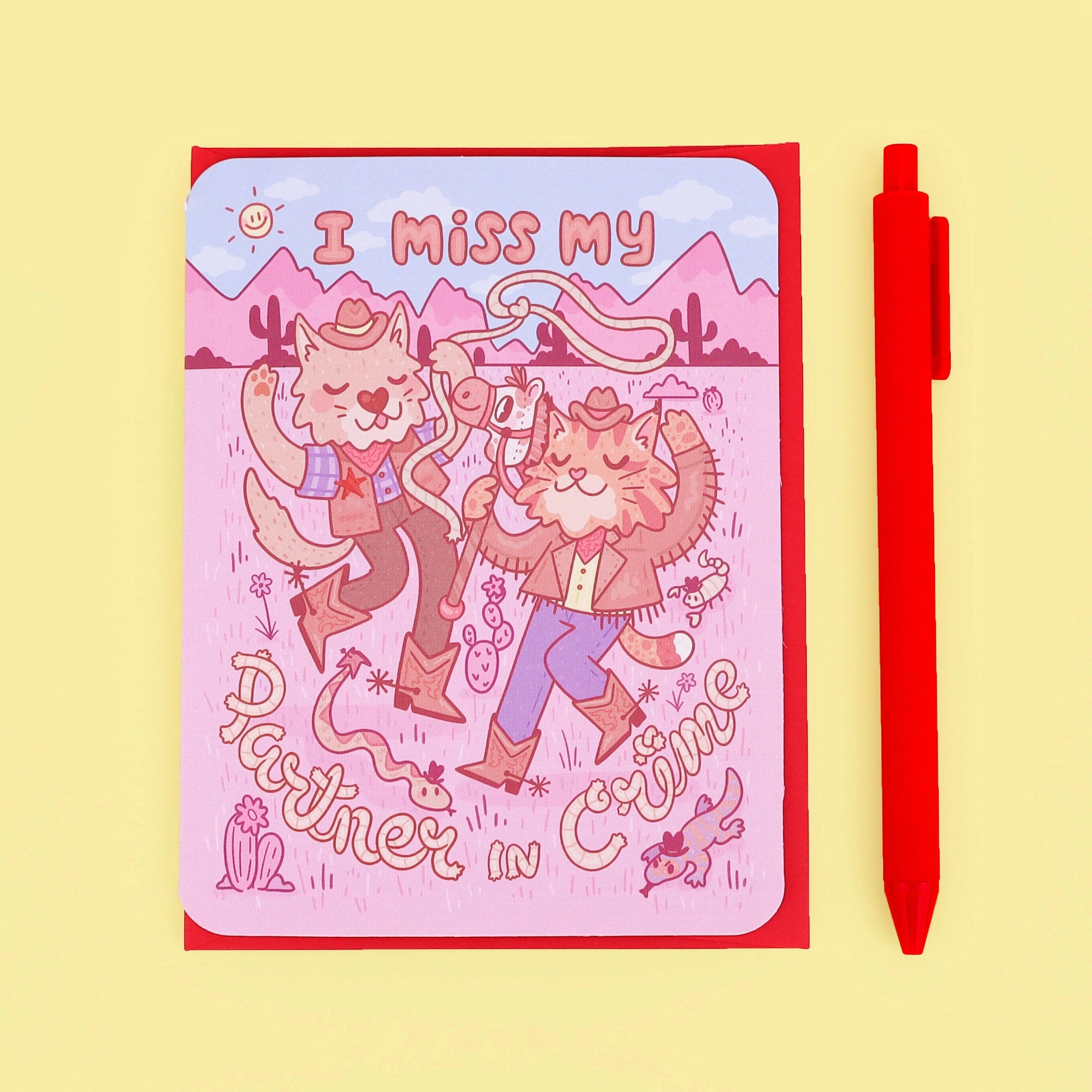 I Miss My Partner in Crime - Cowboy Cat & Dog Missing You Greeting Card | Funny Western Pet Lover Gift for Friends, Family & Coworkers | Birthday, Anniversary, Long Distance Relationship