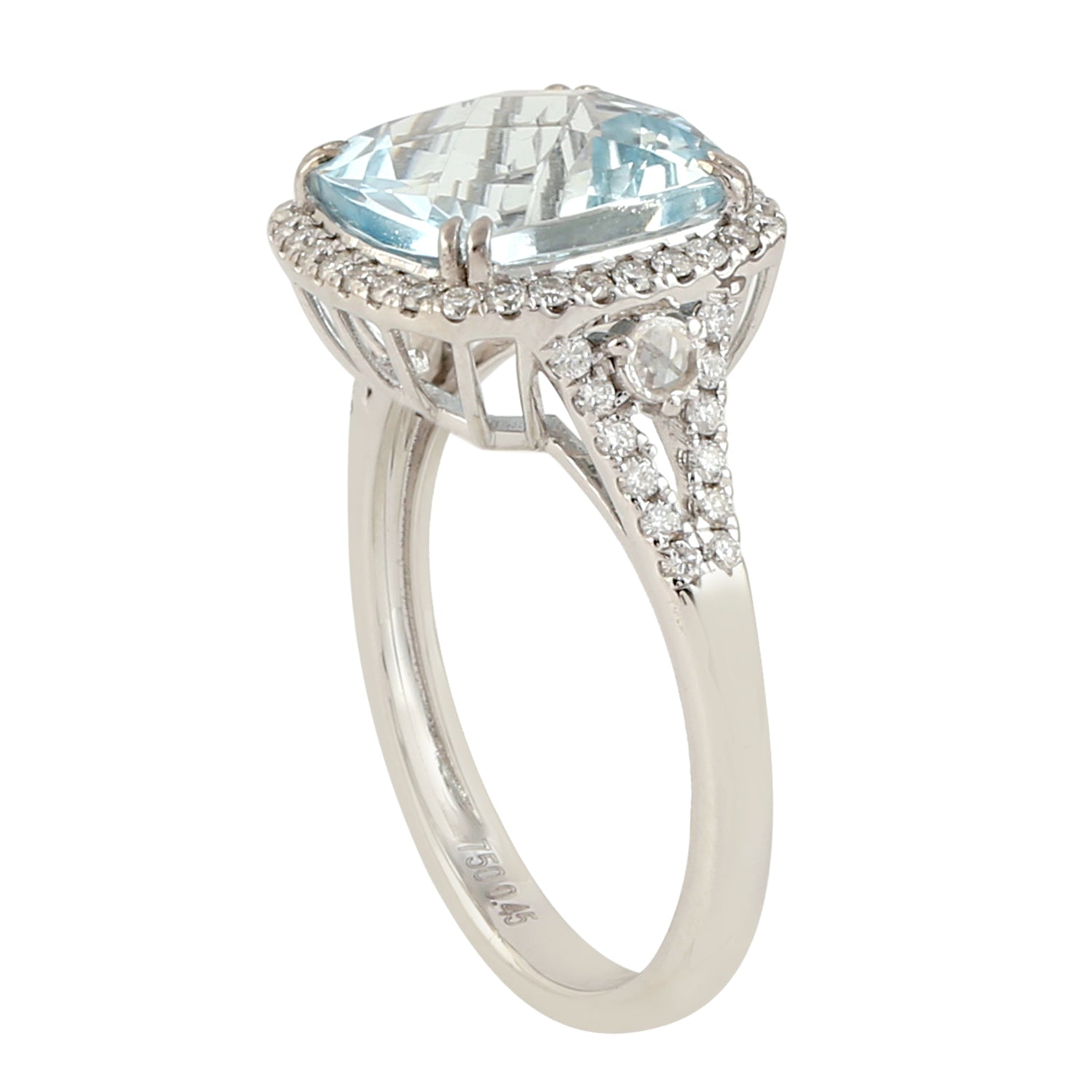 18K White Gold Cushion Cut Aquamarine Pave Diamond Solitaire Ring - Elegant Engagement, Wedding, Anniversary Gift for Her
