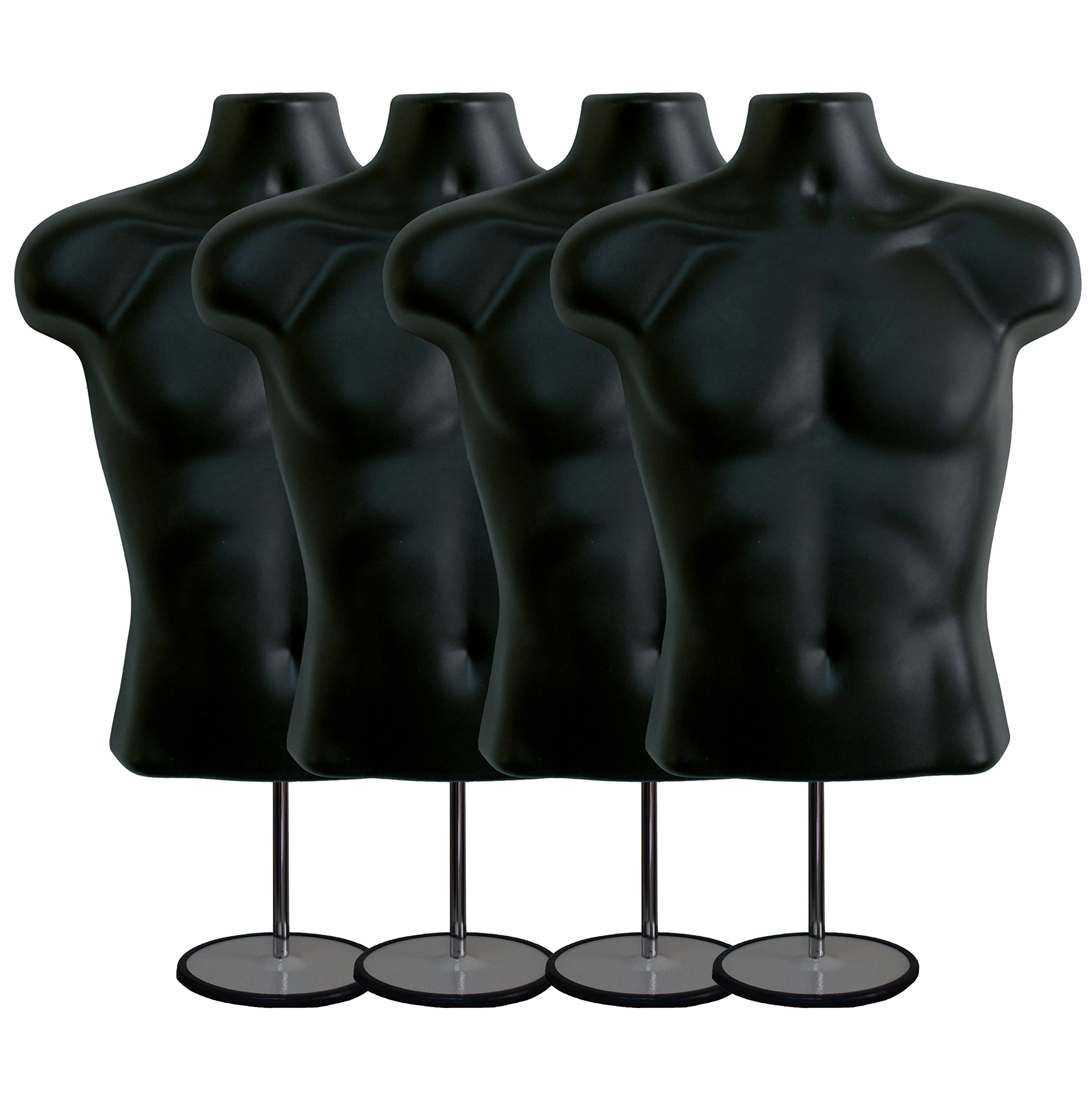 Black Male Mannequin Torso with Metal Stand & Hanging Hook - Hollow Back Design (4-Pack, Size S-M) for Clothing Display, Retail Store, Fashion Boutique & Photography Studio