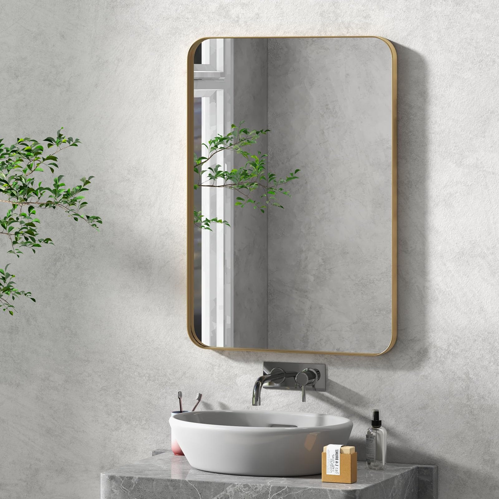 Tangkula 20 x 32 Inch Matte Gold Metal Framed Bathroom Mirror - Rust-Resistant Tempered Glass Wall Mirror for Bathroom Vanity, Horizontal or Vertical Hanging - Perfect for Modern Bathrooms, Powder Rooms & Dressing Areas