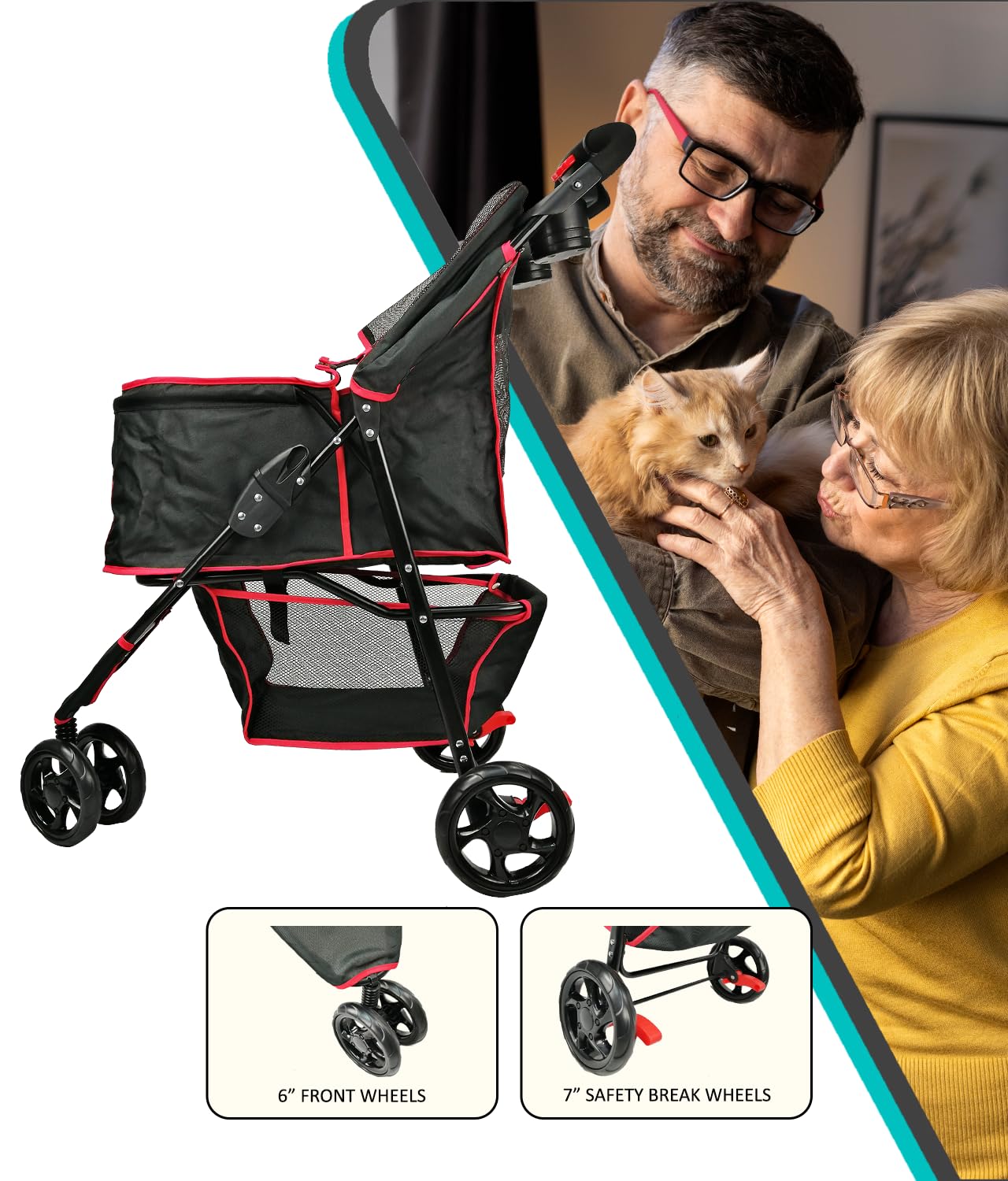 AmorosO Pet Stroller for Small Dogs & Cats | Lightweight Foldable Pet Carrier with Storage Basket | Easy Walking & Travel | Indoor & Outdoor Use | Perfect for Vet Visits, Shopping & Park Outings | Black