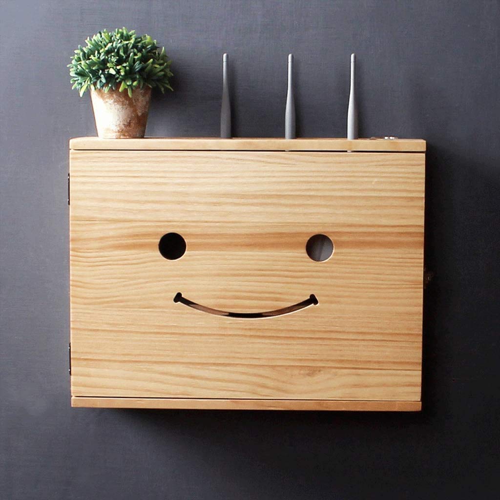 Solid Wood Wall-Mounted Wireless WiFi Router Storage Box - Decorative Organizer for Router, Set-Top Box & Multimedia Devices - WiFi Signal Blocking Design with Cute Smiley Face - Perfect for Home, Office & Weak Current System Organization