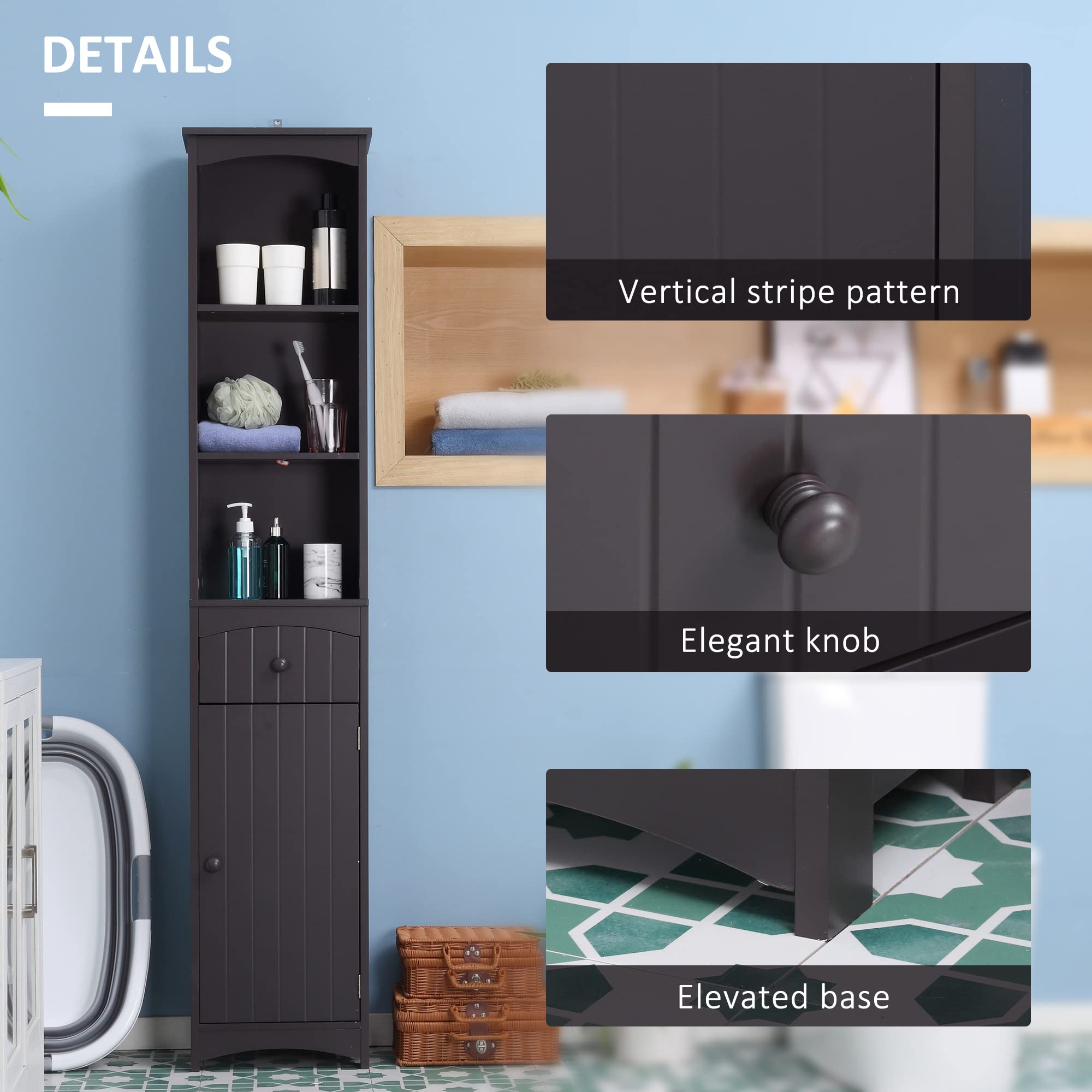 HOMCOM 3-Tier Bathroom Storage Cabinet with Drawer - Free Standing Tall Linen Tower Organizer for Bathroom, Bedroom & Laundry Room - Brown Wooden Shelving Unit for Towels, Toiletries & Home Organization