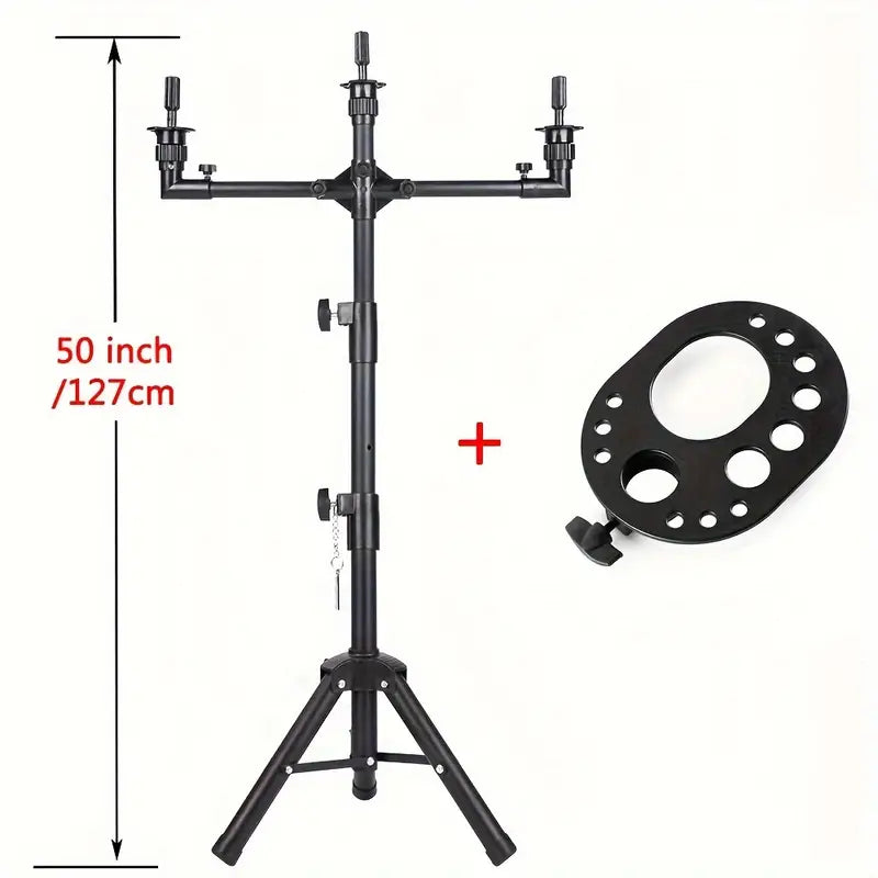Multifunction Triple Wig Tripod Stand - Lightweight & Adjustable Black Wig Display Holder for Styling, Photography, and Salon Use