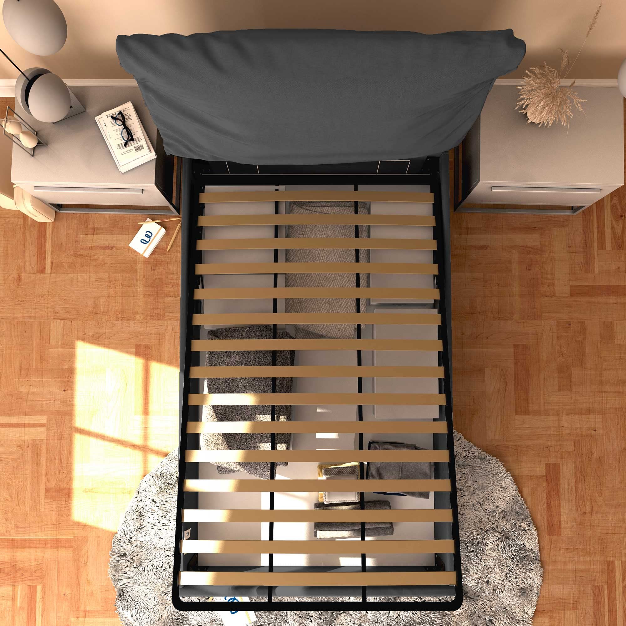 Baldiflex Square and Half Bed with Storage Container - Licia Soft Synthetic Leather, Slatted Base for Square and Half Mattresses, 120 x 190 cm, Thin Padded Headboard, Dark Gray - Perfect for Small Bedrooms, Guest Rooms & Studio Apartments