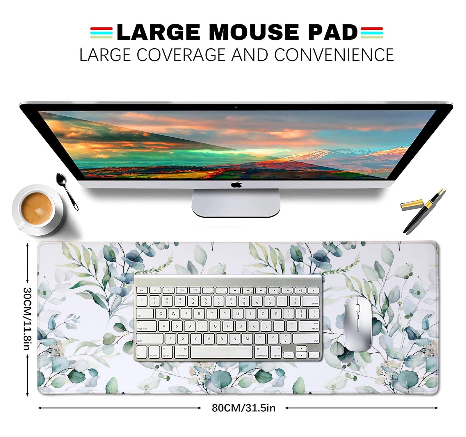 Large Green Grass Mouse Pad with Leaves Pattern - Non-Slip Rubber Base Desk Mat for Keyboard & Mouse (31.5