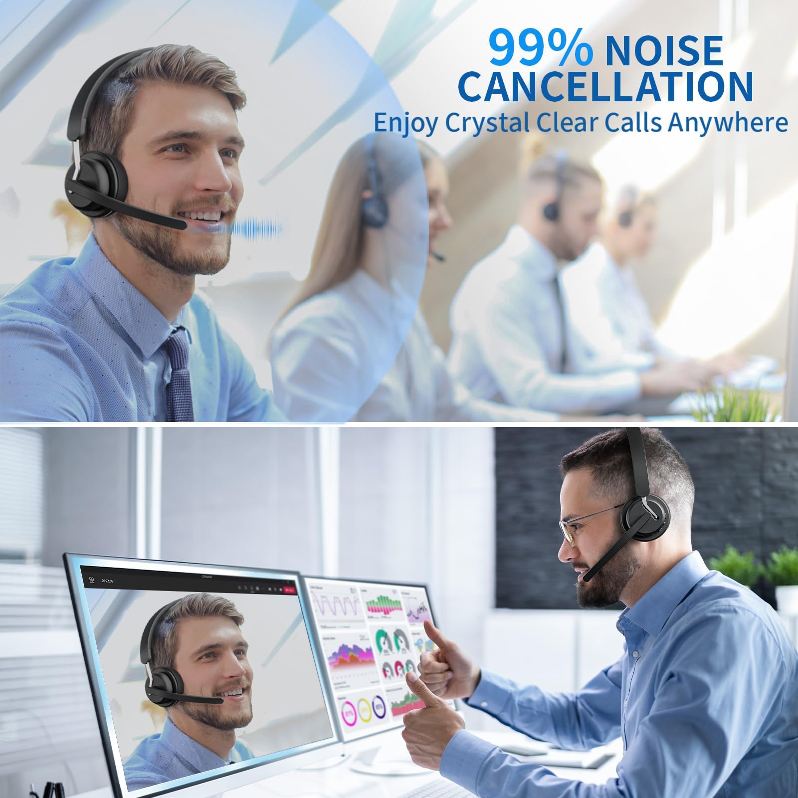 Wireless Headset with Microphone - Bluetooth 5.0 Headphones with AI Noise Cancelling Mic & Charging Dock, 2.4GHz Wireless Headset with USB Receiver for PC/Laptop/Remote Work/Call Center/Zoom Meetings - Perfect for Home Office, Online Classes & Gaming