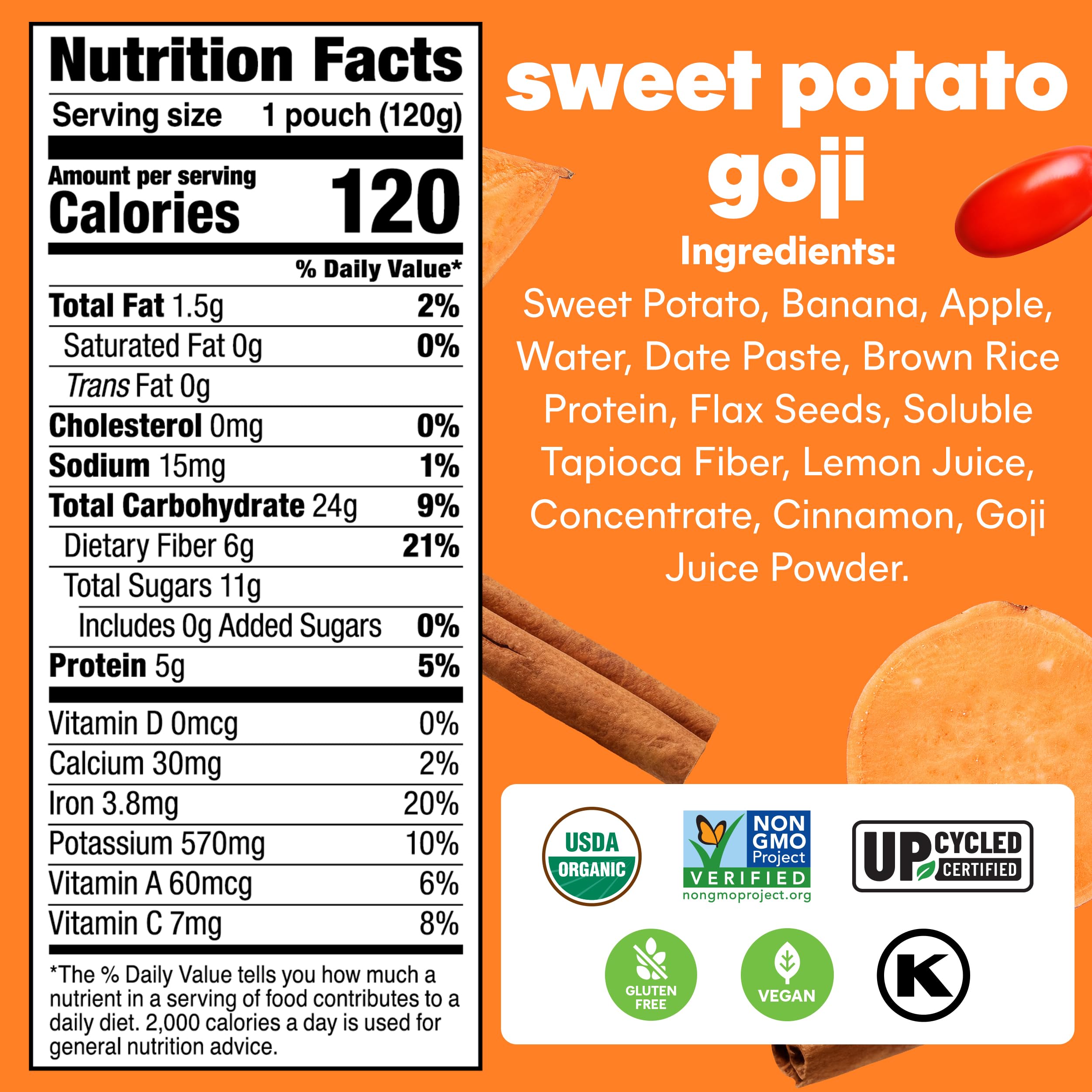 Organic Noka Superfood Fruit Smoothie Pouches - Sweet Potato Goji with Flax Seed, Plant Protein & Prebiotic Fiber | Vegan, Gluten-Free Healthy Snacks | 4.22 oz (6 Count) | Perfect for On-the-Go Nutrition, Kids Lunchboxes & Post-Workout Recovery