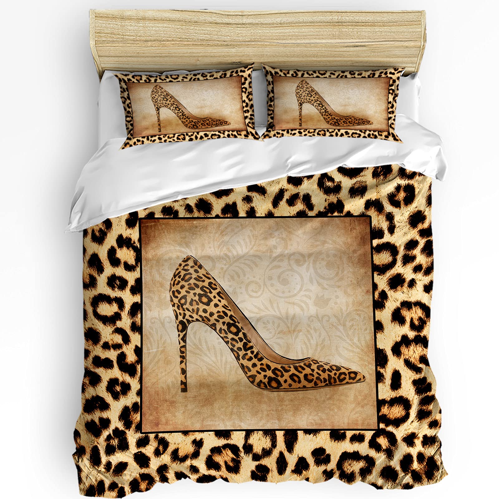 Leopard Print High Heel Duvet Cover Set - 3 Piece Luxury Soft Comforter Cover with Pillowcases - Animal Skin Pattern Washable Quilt Cover - Full Size Bedding Set for Modern Bedroom Decor
