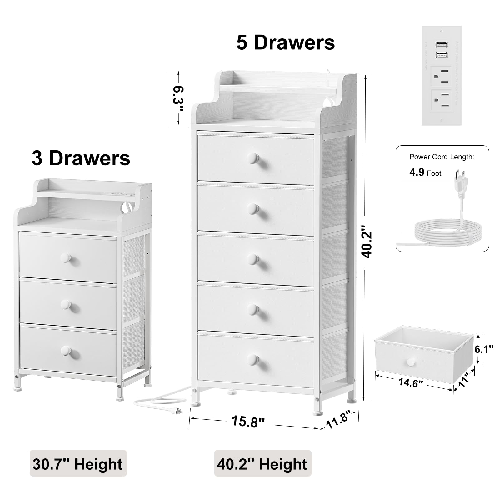REAHOME 5-Drawer Dresser with Charging Station & LED Lights - White Wooden Chest of Drawers with Shelves, Sturdy Steel Frame & Leather Top - Perfect for Bedroom, Nursery, or Dorm Organization & Storage