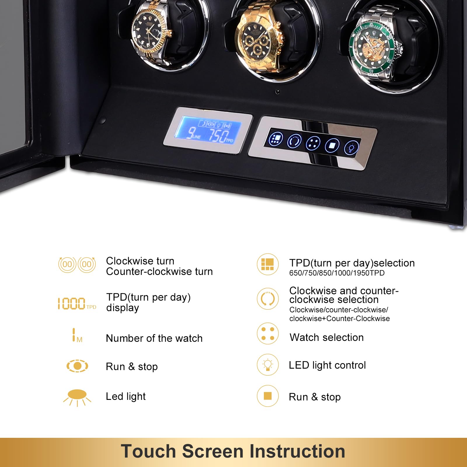 DUKWIN Automatic Watch Winder with LCD Touch Screen & Remote Control - Holds 9/12 Watches | Luxury Watch Storage Case for Men | Perfect for Travel, Office & Home Display