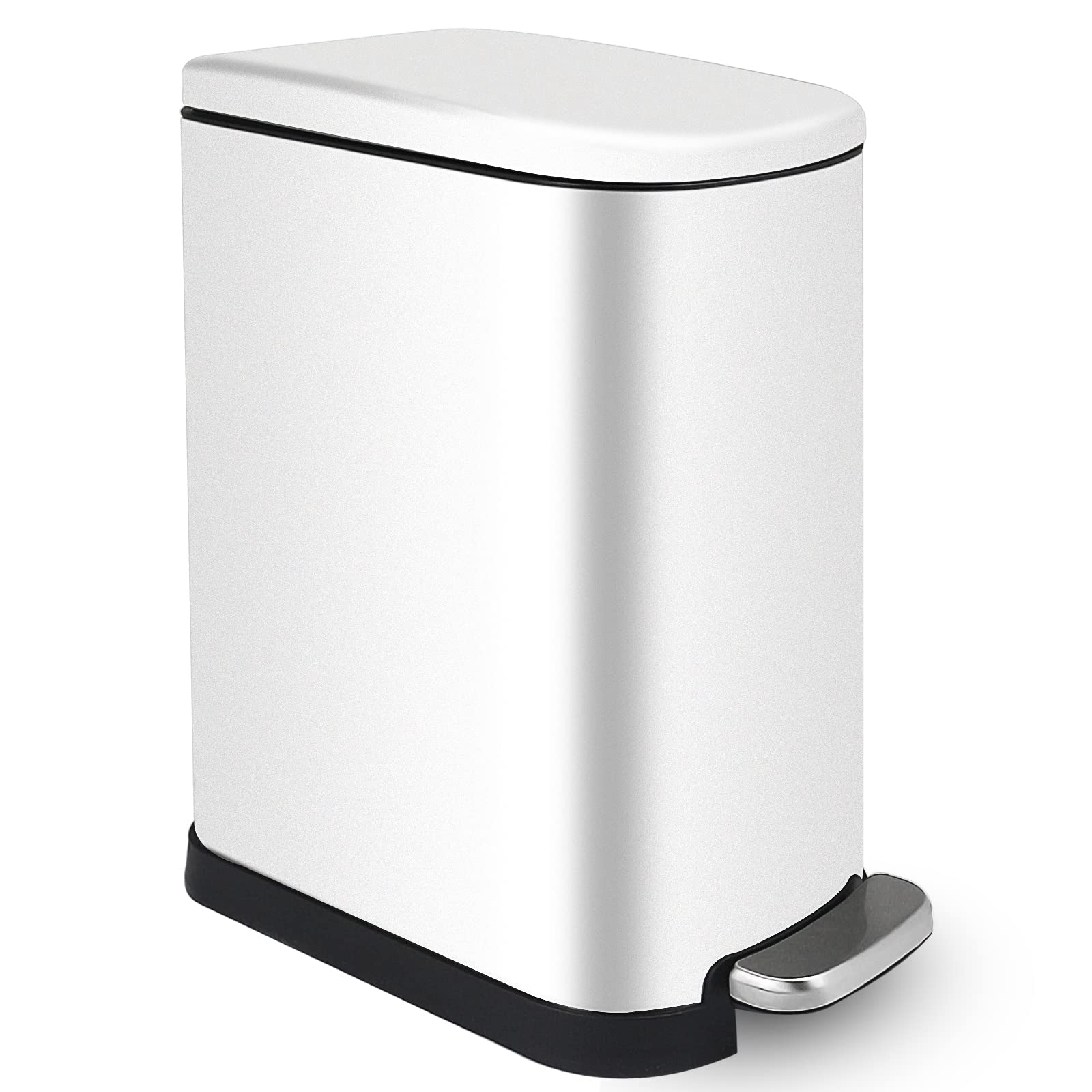 10 Liter/2.6 Gallon Small Trash Can with Lid - Soft Close, Removable Inner Basket, Slim Rectangular Garbage Bin for Bathroom, Bedroom, Office & Nursery - Narrow Step Design in White - Perfect for Small Spaces & Home Organization