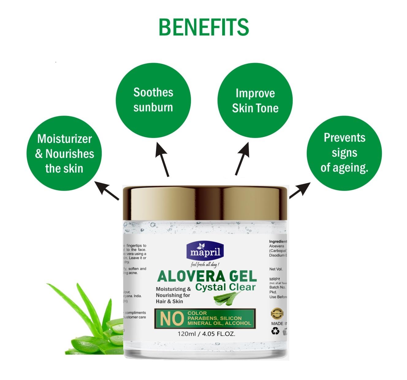 Mapril Pure Aloe Vera Gel for Face & Hair - 120ml | Multipurpose Beauty Care Gel for Skin Glow, Acne Control, Wrinkle Reduction & Scar Lightening | Dark Spot Treatment & Moisturizer for Nourished Skin & Hair | Perfect for Daily Skincare Routine, Sunburn Relief & Hair Hydration