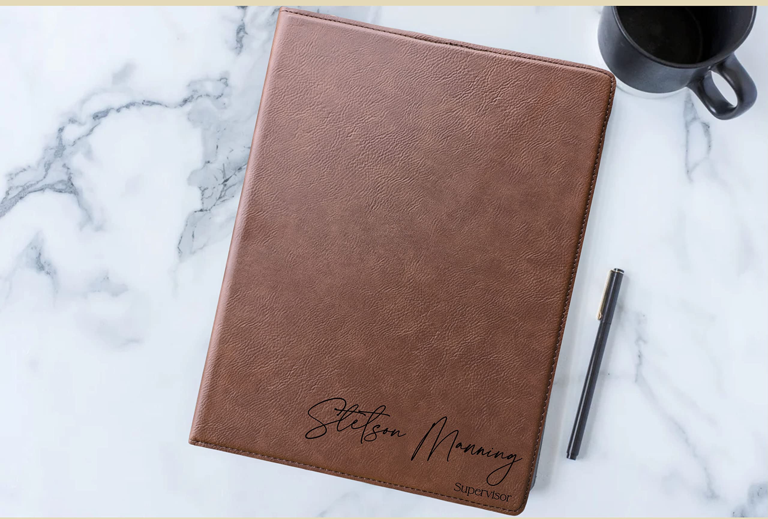 Personalized Engraved Leatherette Notepad Portfolio - Dark Brown Leather Journal with Custom Engraving | Perfect for Business Meetings, Gifts & Professional Use