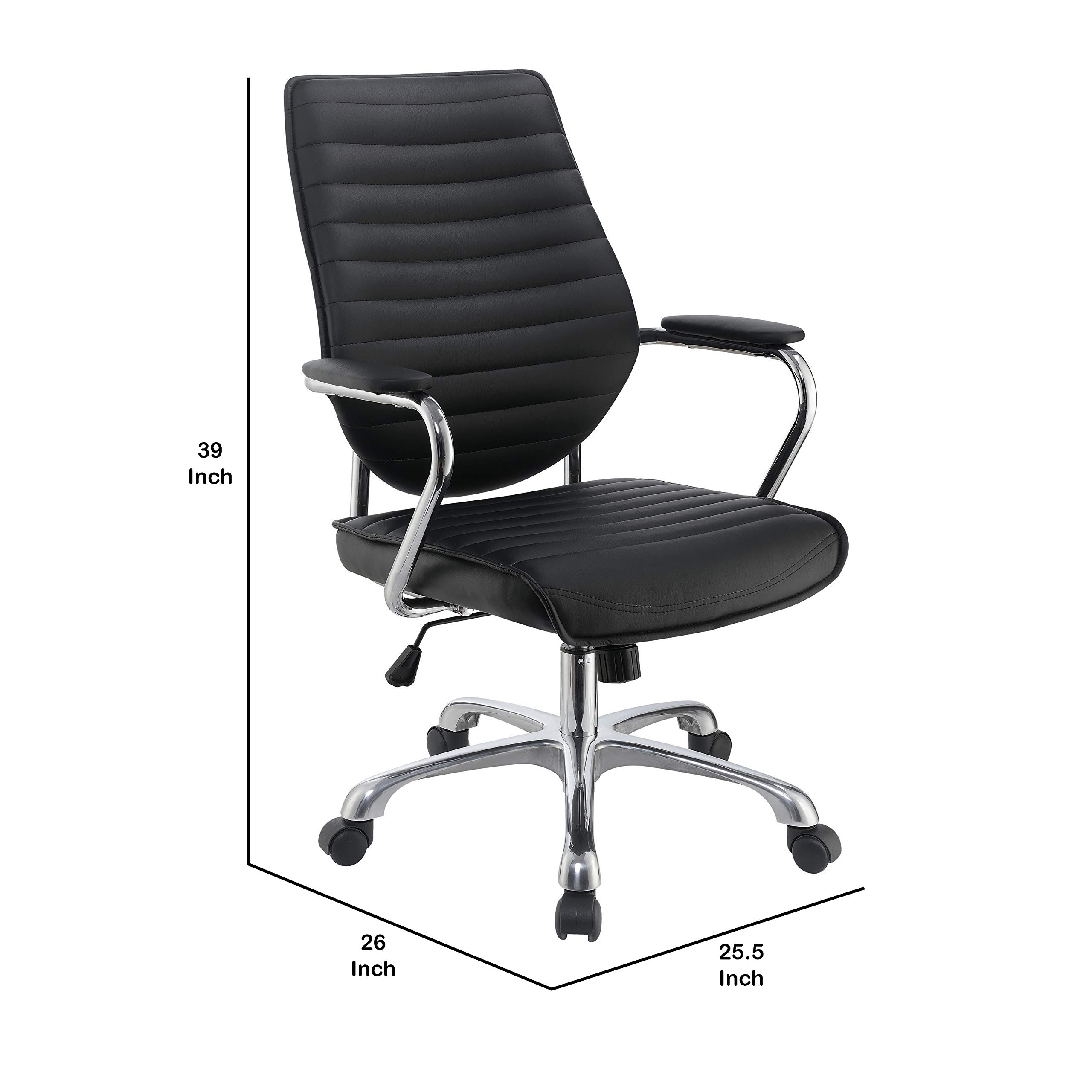 Benjara Black & Chrome Leatherette Office Swivel Chair with Padded Arms - Ergonomic Executive Desk Chair for Home Office, Conference Room & Workspace