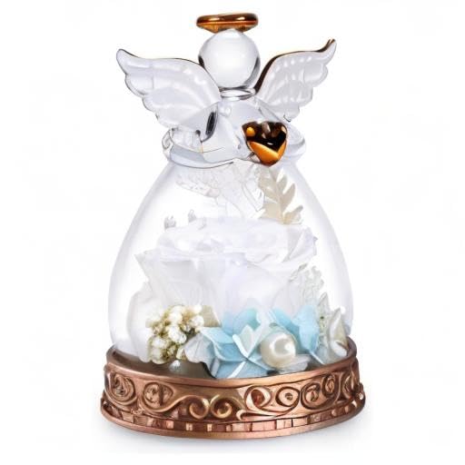 Real Preserved Rose in Glass Angel Figurine with LED Light - Romantic Angel Gift for Women, Mom, Wife, Grandma - Perfect for Mother's Day, Christmas, Birthday, Anniversary - Home Decor & Special Occasion Gift (White)