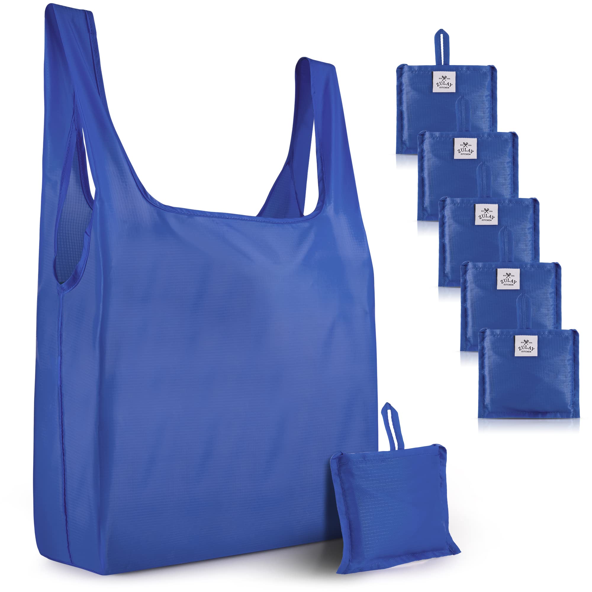 Zulay Kitchen 5-Pack 50LB Heavy Duty Reusable Grocery Bags - Large Foldable Shopping Tote with Reinforced Handles & Drawstring Closure - Durable Machine Washable Eco-Friendly Grocery Bags (Blue) - Perfect for Grocery Shopping, Farmers Market, Beach Trips & Storage