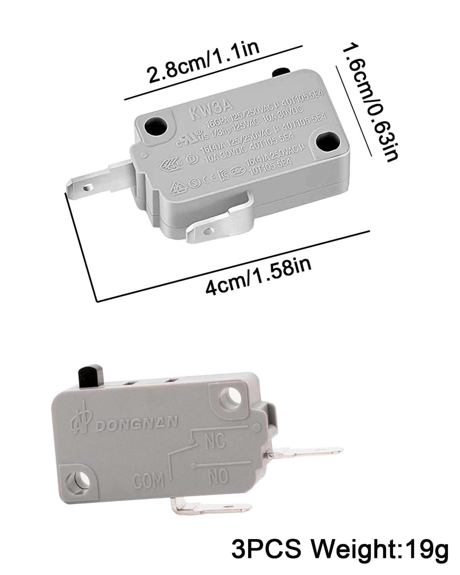 3-Pack KW3A Microwave Door Switch 16A 125/250V Replacement - Normally Closed Interlock Switch for Microwave Oven Repair | Compatible with Most Brands (Ideal for DIY Fixes & Appliance Maintenance)