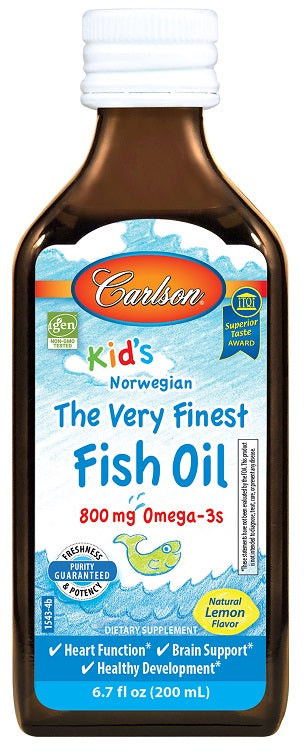 Carlson Labs Kid's The Very Finest Fish Oil - 800mg Omega-3 with Natural Lemon Flavor, 200ml Bottle - Supports Brain Development & Immune Health for Children - Perfect for Daily Supplement or Smoothie Boosting