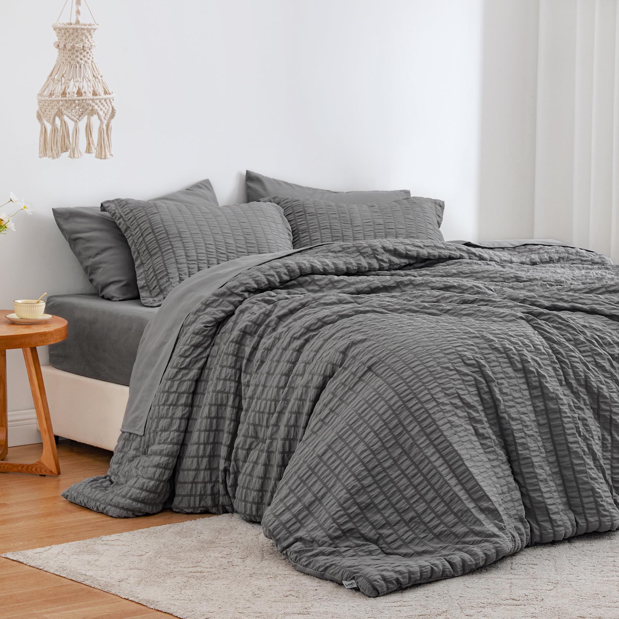Love's Cabin Seersucker Dark Grey Queen Comforter Set - 7 Piece All Season Bedding Set Includes Comforter, Flat Sheet, Fitted Sheet & Pillowcases | Perfect for Master Bedroom, Guest Room & Vacation Homes