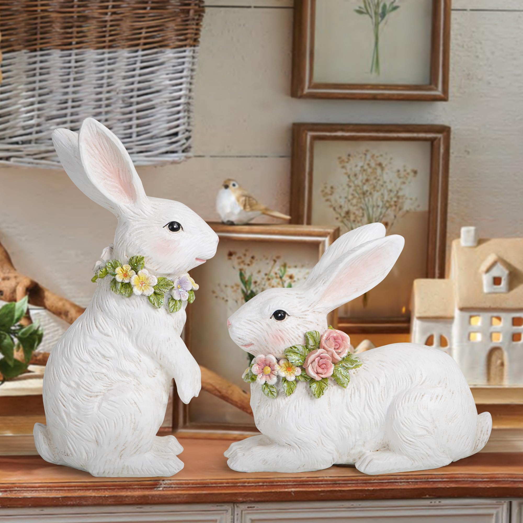Spring Garden Bunny Figurine Set (2pcs) - White Easter Bunny Decor for Patio, Indoor Home & Garden Accent - Perfect for Easter Decorations, Outdoor Table Centerpieces and Seasonal Gift Ideas