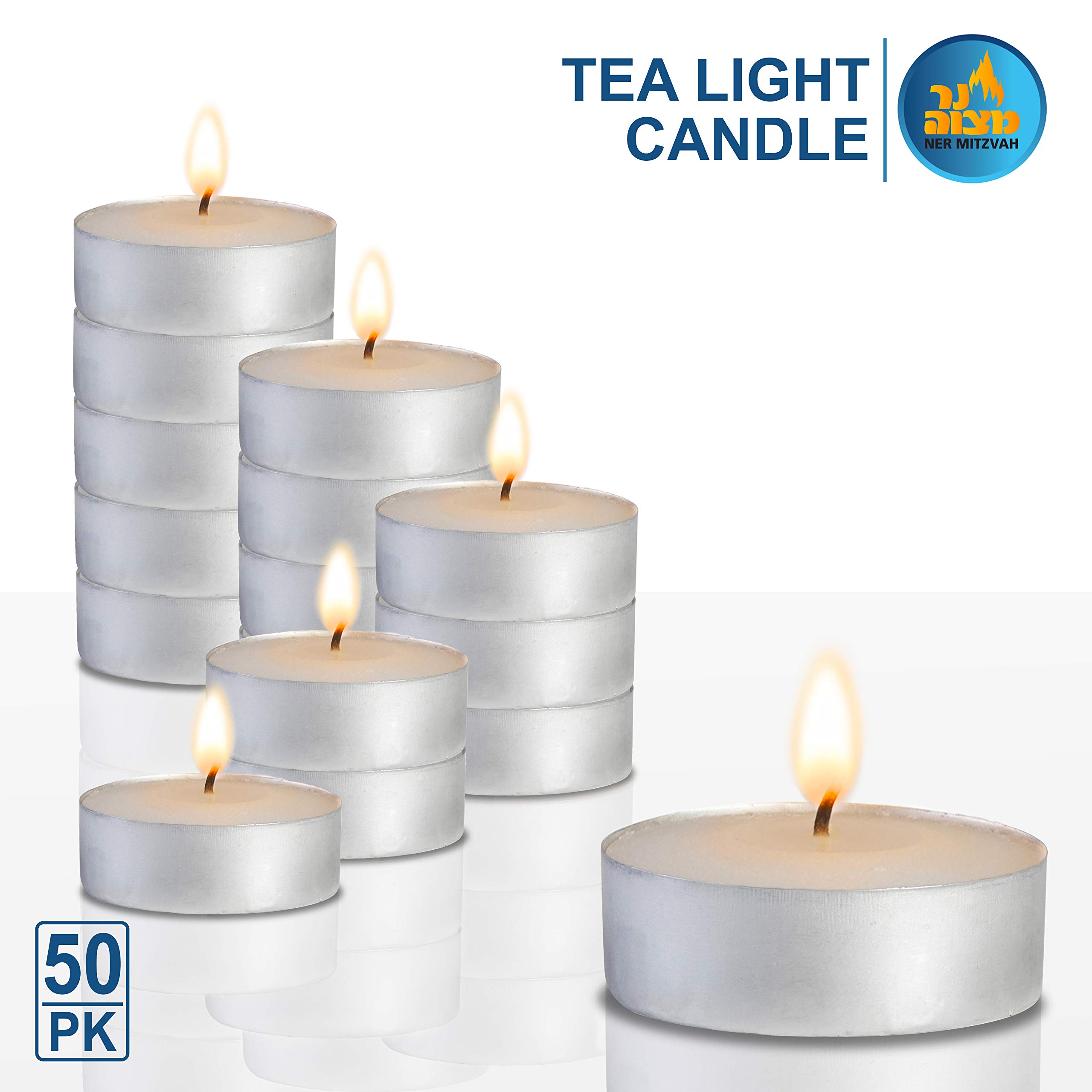Ner Mitzvah Tea Light Candles - Unscented Bulk Pack of 50, 4.5 Hour Burn Time, Pressed Wax Decorative Candles for Travel, Centerpieces & Home Decor - Perfect for Weddings, Holidays & Jewish Ceremonies