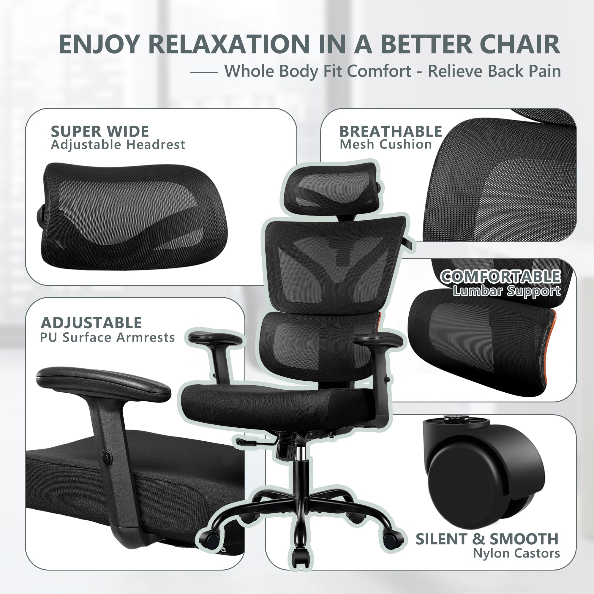 Ergonomic High Back Office Desk Chair - Reclining Gaming Chair with Breathable Mesh, Adjustable Lumbar Support & Armrests for Big and Tall Users (Orange) - Perfect for Home Office, Gaming & Workspaces