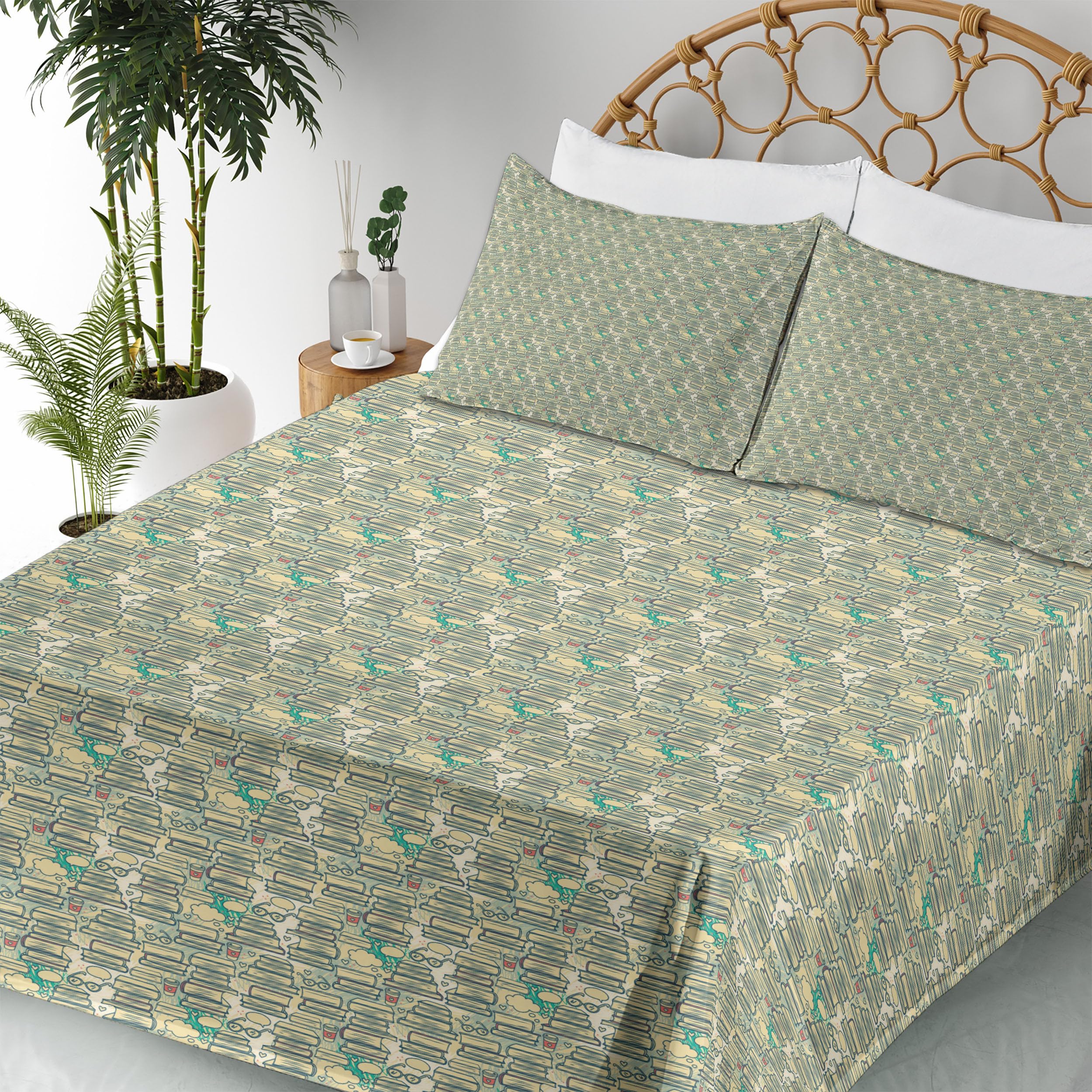 Ambesonne 4-Piece Book Lover Bedding Set - Stacks of Books with Thought Bubbles, Glasses & Coffee Cups Design - Fitted Sheet, Flat Sheet & 2 Pillowcases - Cream Almond Green - Perfect for College Dorms, Reading Nooks & Bookworm Bedrooms