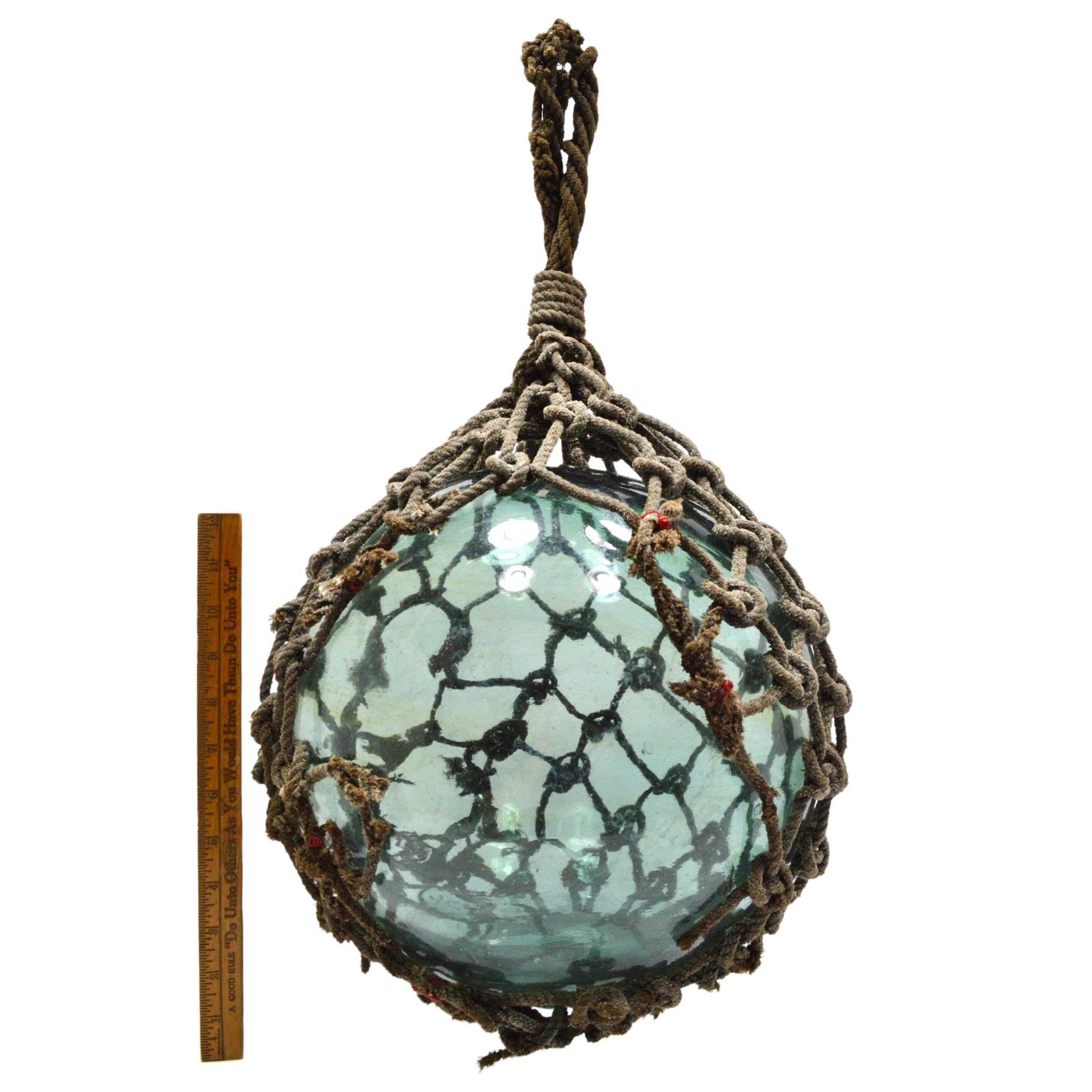 Vintage Japanese Glass Fishing Float with Original Net - Embossed & Signed - Teal Aqua Blue - Perfect for Beach House Decor, Nautical Theme, and Coastal Collectibles