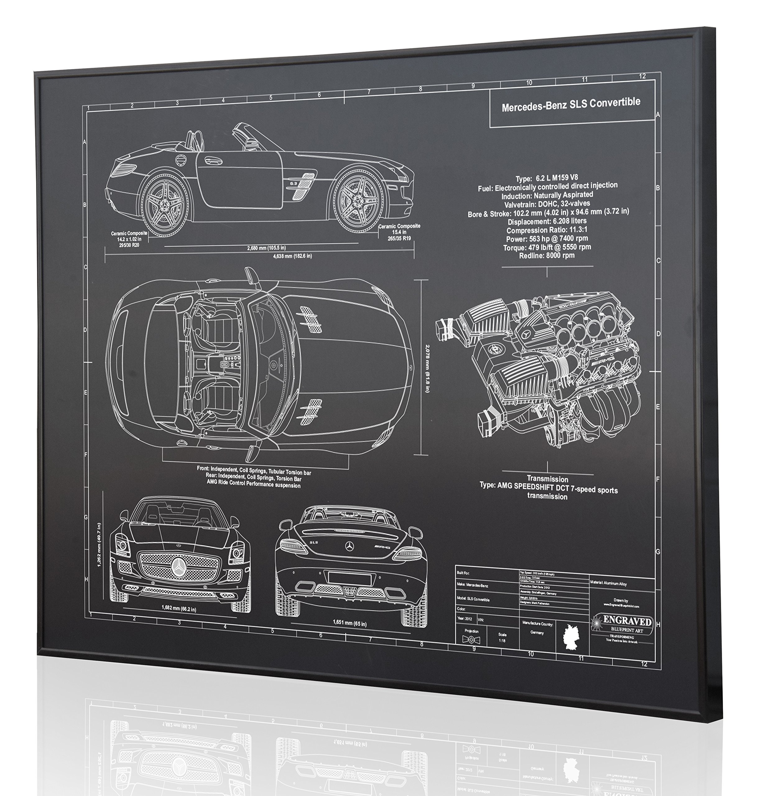 Mercedes-Benz SLS Convertible Blueprint Art Print - Laser Engraved Personalized Car Gift for Men - Home Office Wall Decor & Auto Enthusiast Present