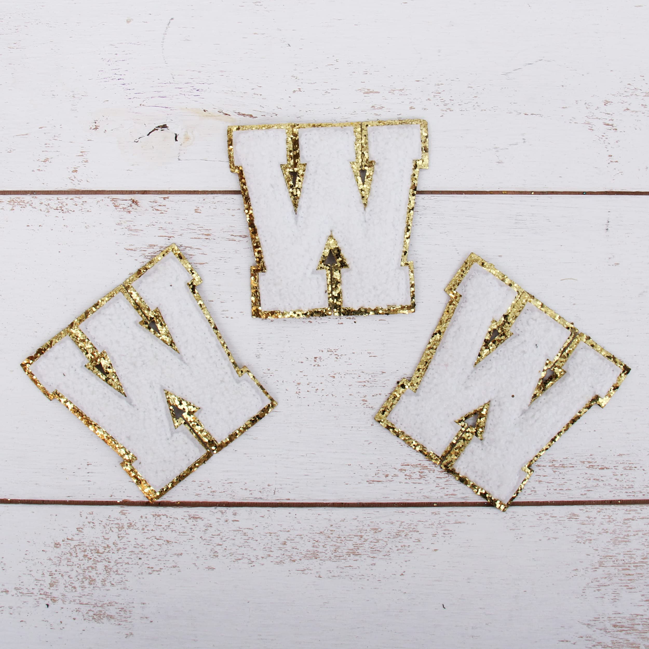 3 Pack White Chenille Iron-On Glitter Varsity Letter 