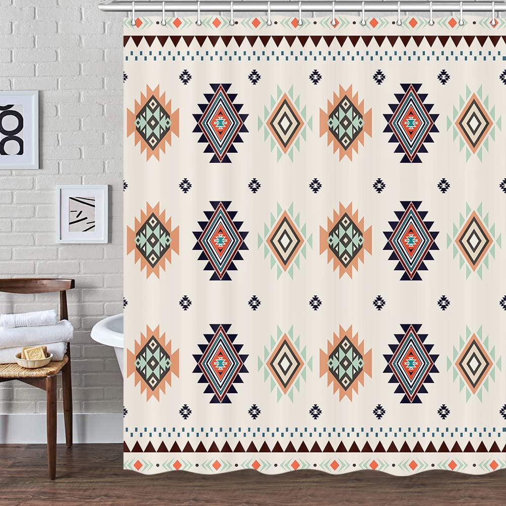 Aztec Western Shower Curtain Set - 60x70 Inch Beige Southwestern Tribal Native American Fabric Bathroom Decor with Hooks | Bohemian Southwest Style for Bathroom & Restroom Decor | Perfect for Western, Rustic, or Boho Themed Homes
