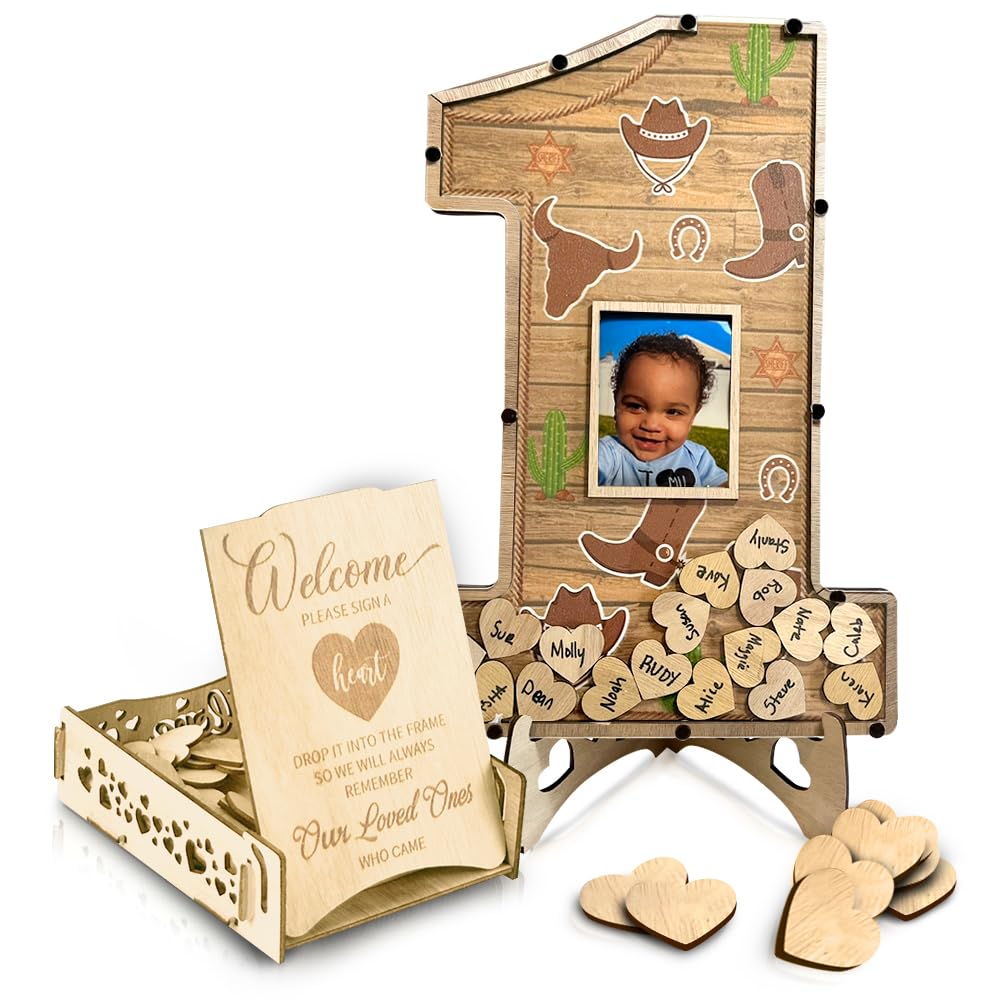 My First Rodeo Birthday Guest Book & Photo Frame Keepsake - Cowboy Cowgirl 1st Birthday Decor for Boys & Girls - Western Theme Party Sign-In Game Centerpiece (Perfect for Wild West Themed Birthday Parties & Baby Showers)