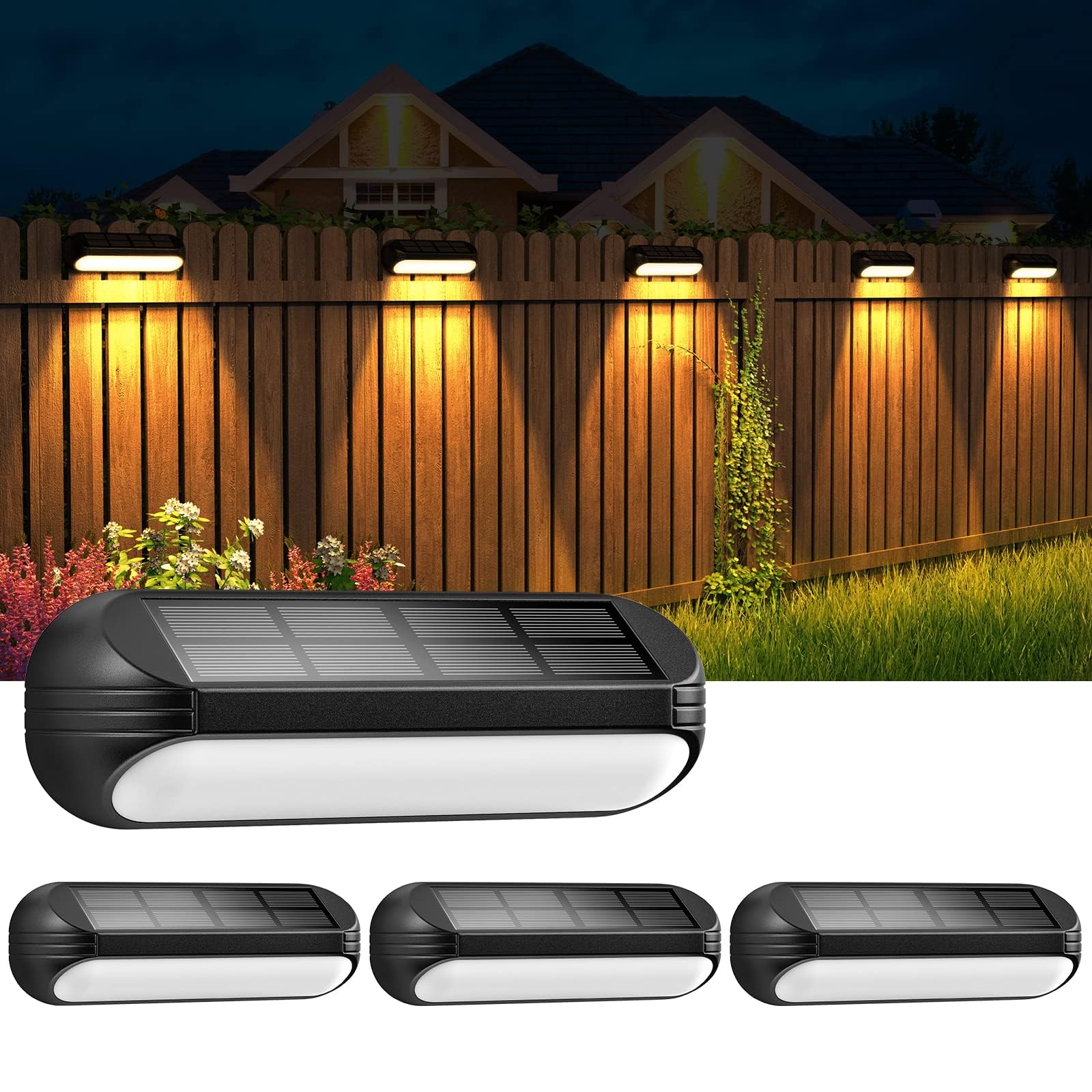 WdtPro Solar Fence Lights Outdoor Waterproof - 4 Pack Bright Solar Deck Lights with Warm White & RGB Modes, LED Solar Step Lights for Stairs, Steps, Deck, Fence, Pool, Patio - Perfect for Garden, Pathway, and Landscape Lighting