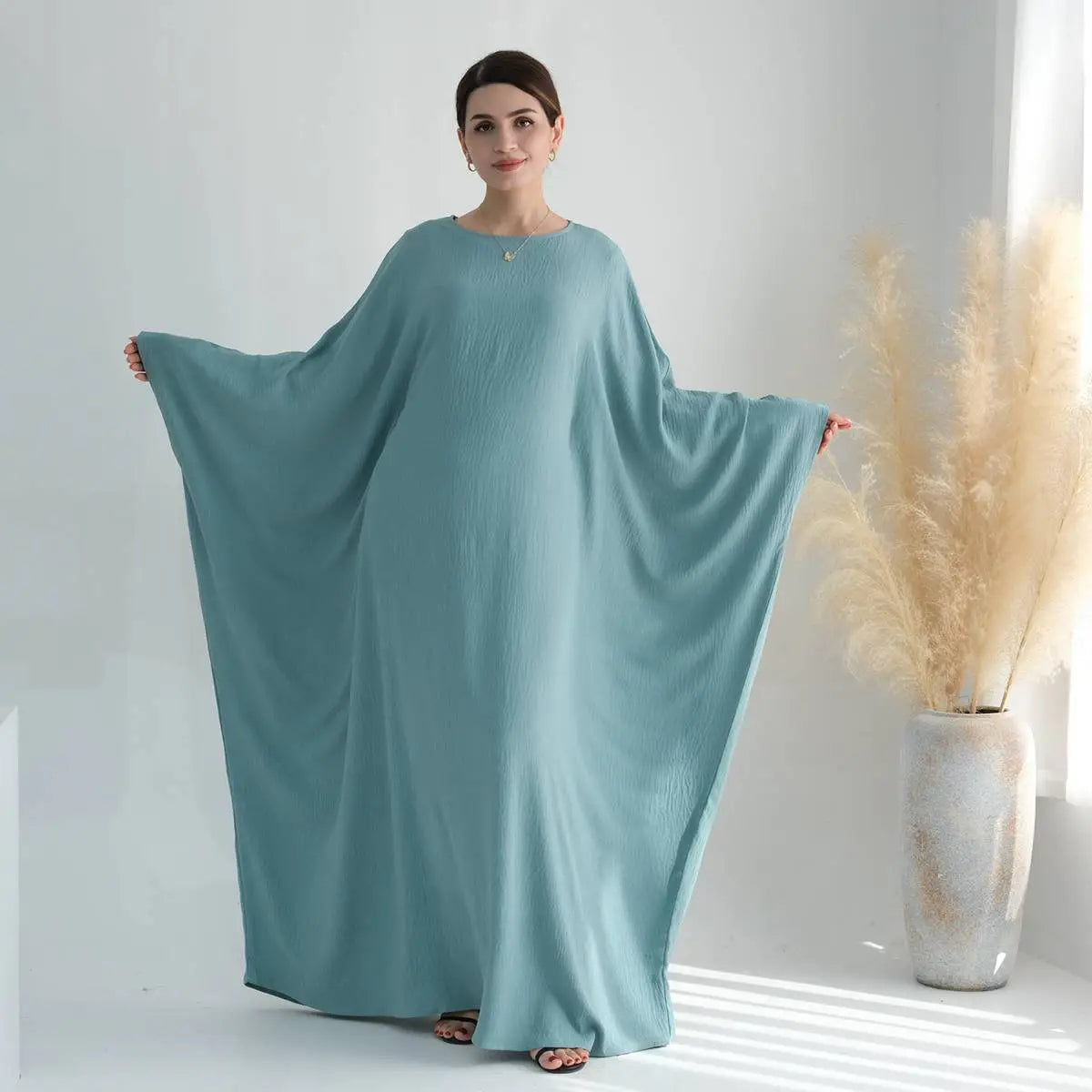 Wrinkle-Free Fabric Batwing Sleeve Farasha Abaya Dress with Inner Belt - Elegant Muslim Women's Prayer Dress for Special Occasions & Daily Wear