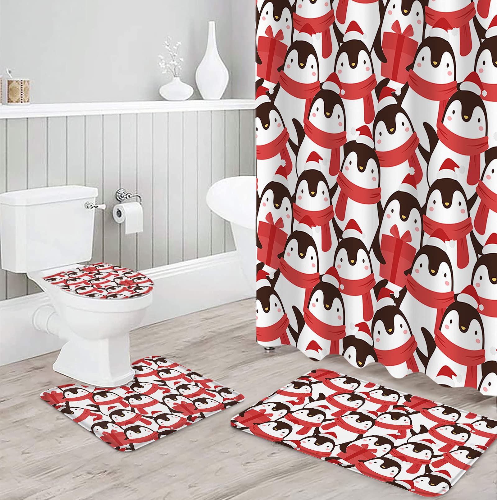 4-Piece Waterproof Christmas Penguin Shower Curtain Set with Non-Slip Bath Rugs - Cute Wine Red Scarf Hat Design, Cartoon Animals Seamless Decor Bath Mat & Toilet Lid Cover - Perfect for Holiday Bathroom Decor & Winter Home Gift
