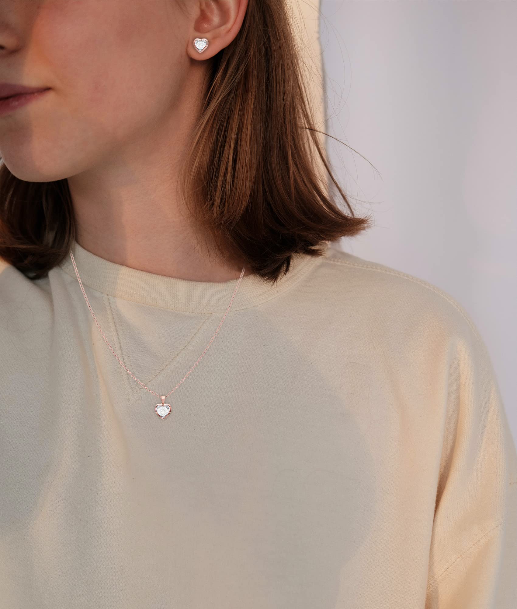 Rose Gold Plated Crystal Heart Necklace & Stud Earrings Set for Women - Elegant Jewelry Gift for Mother's Day, Birthday, Valentine's Day - Perfect for Date Night, Wedding, Anniversary & Special Occasions