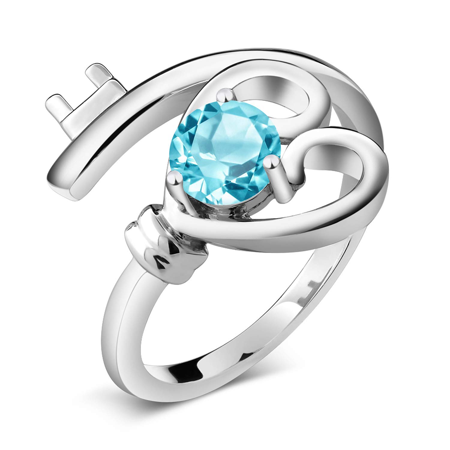925 Sterling Silver Swiss Blue Topaz Heart Key Ring for Women - 0.50 Cttw, Birthstone Jewelry, Size 5-9 | Elegant Gift for Valentine's Day, Anniversary & Mother's Day