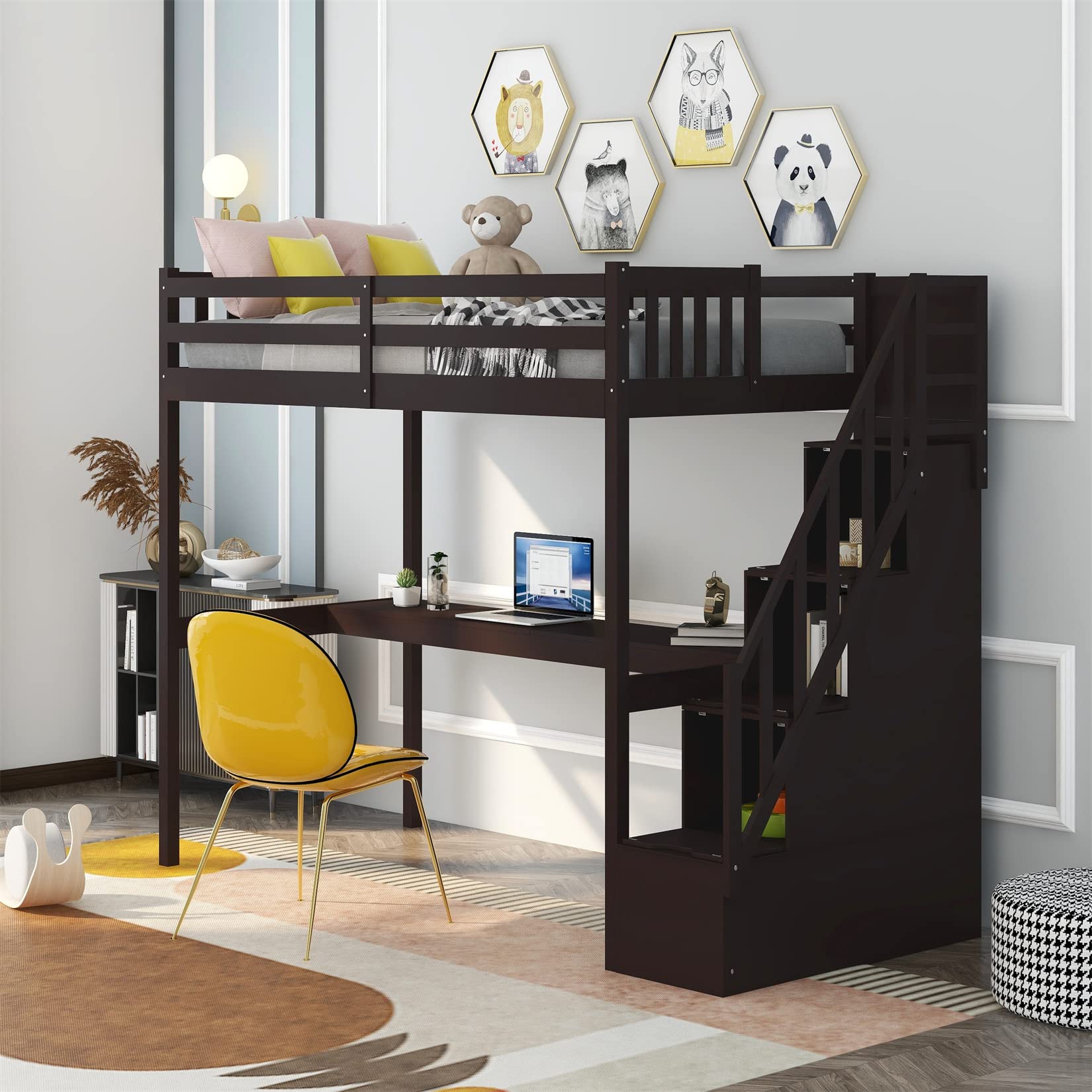 **Twin Loft Bed with Desk & Storage - Sturdy Wood Loft Bed Frame with Staircase - Space-Saving Kids Bed for Boys, Girls & Teens - Espresso Finish - Perfect for Small Bedrooms & Dorm Rooms**